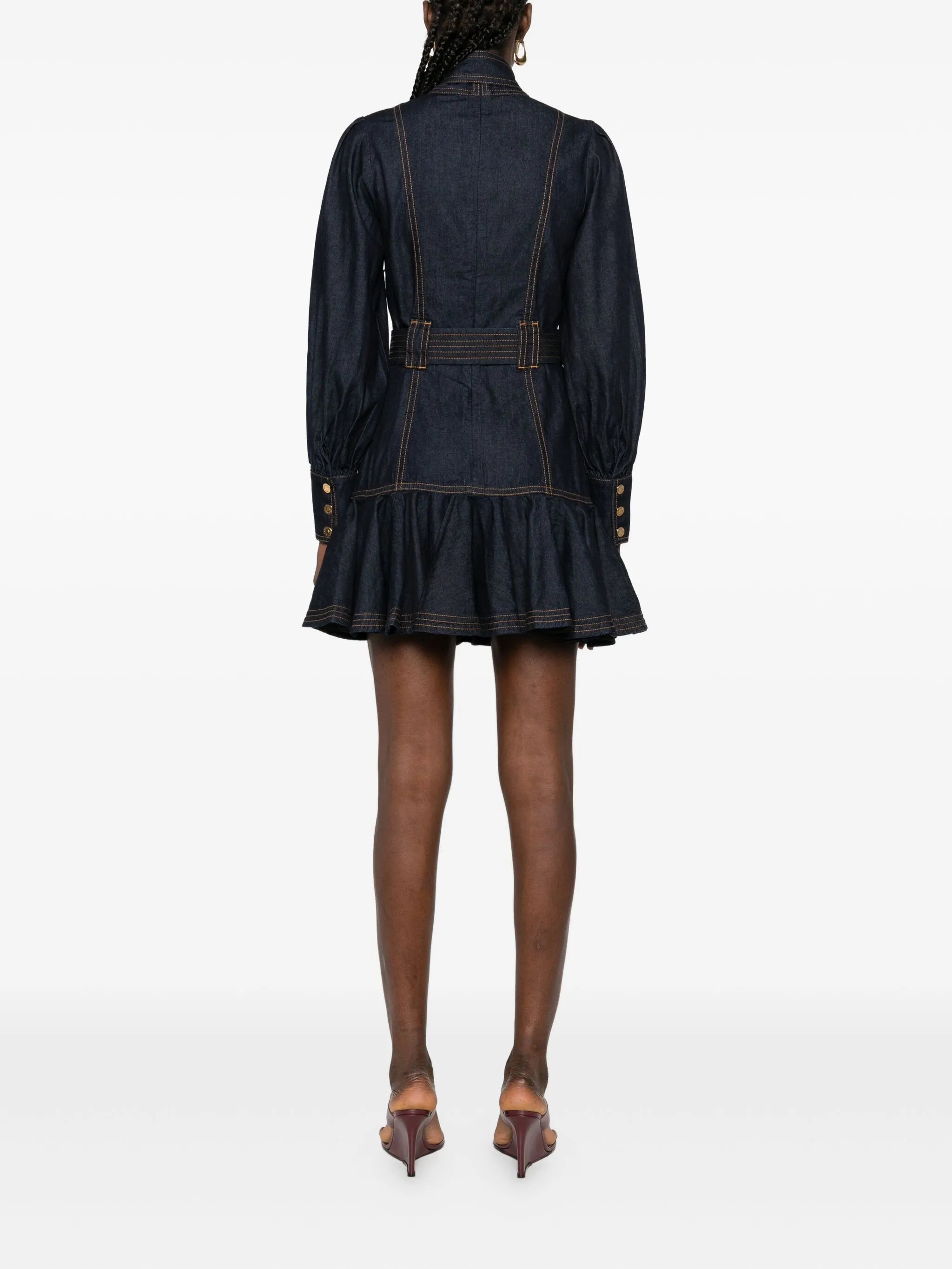tied-neck ruffled denim dress