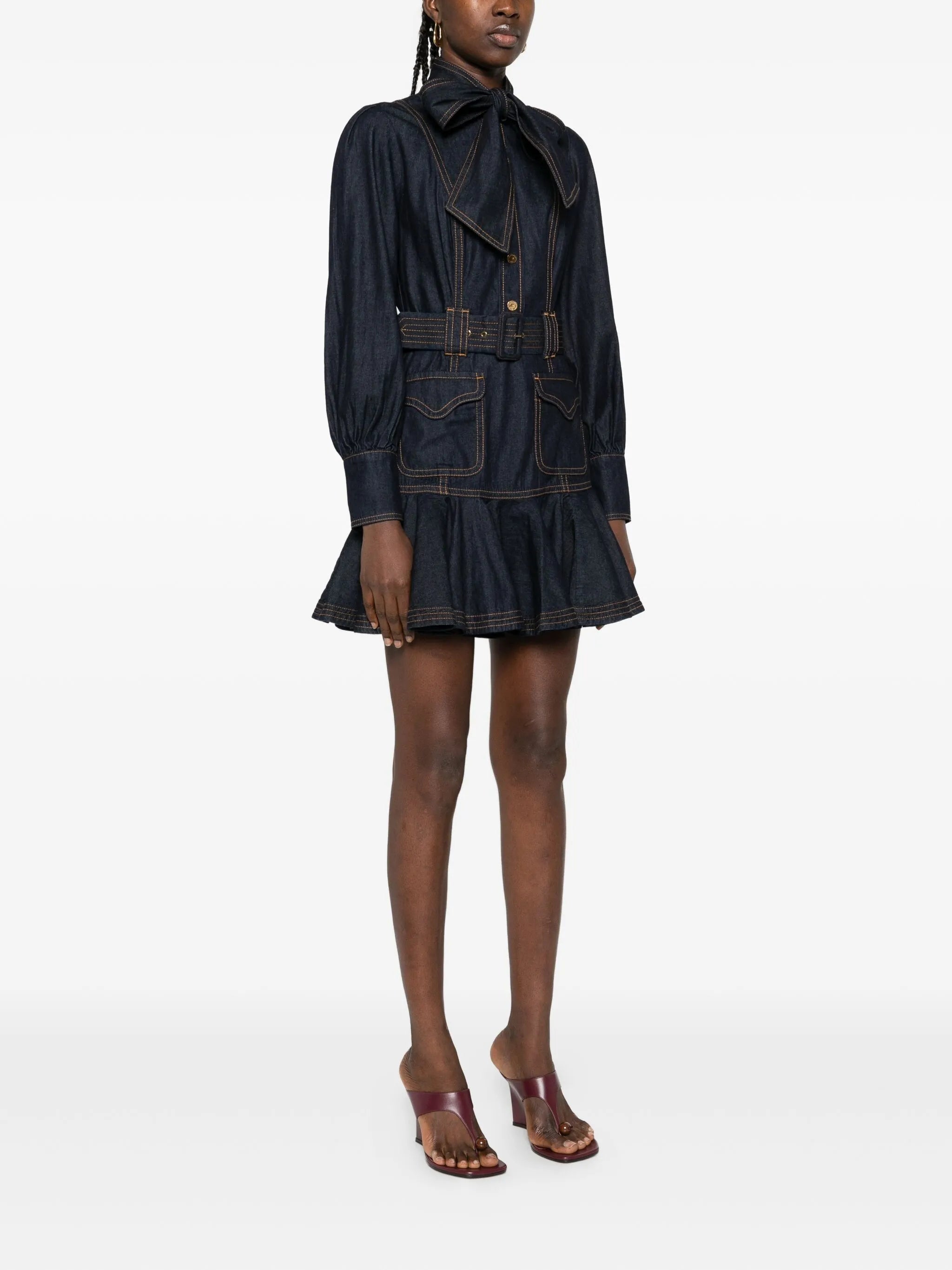 tied-neck ruffled denim dress
