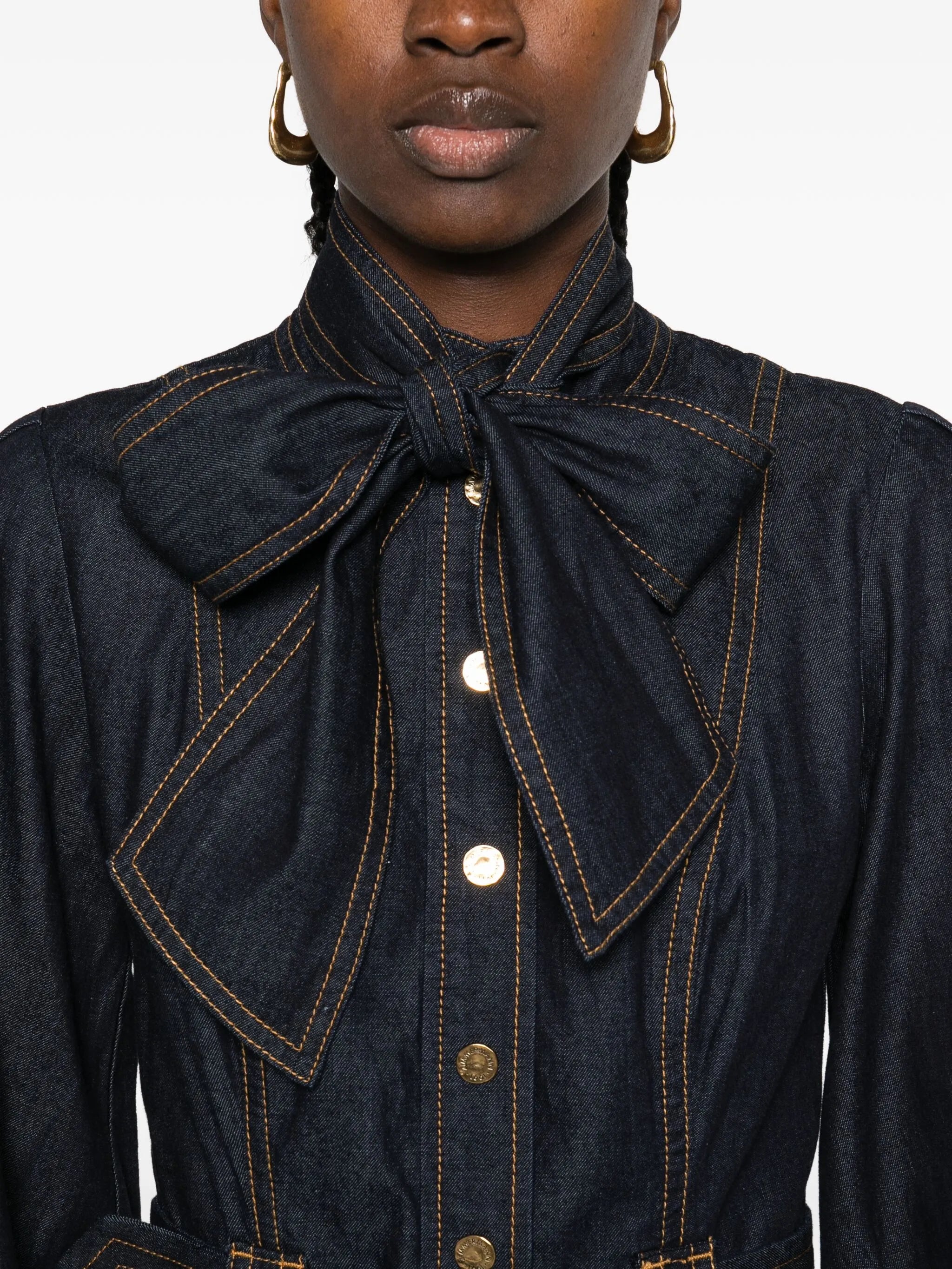 tied-neck ruffled denim dress