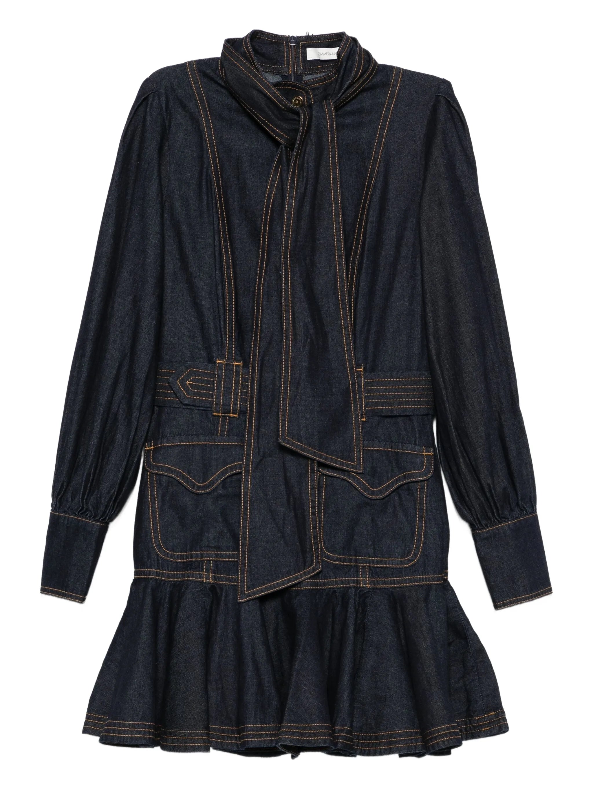 tied-neck ruffled denim dress