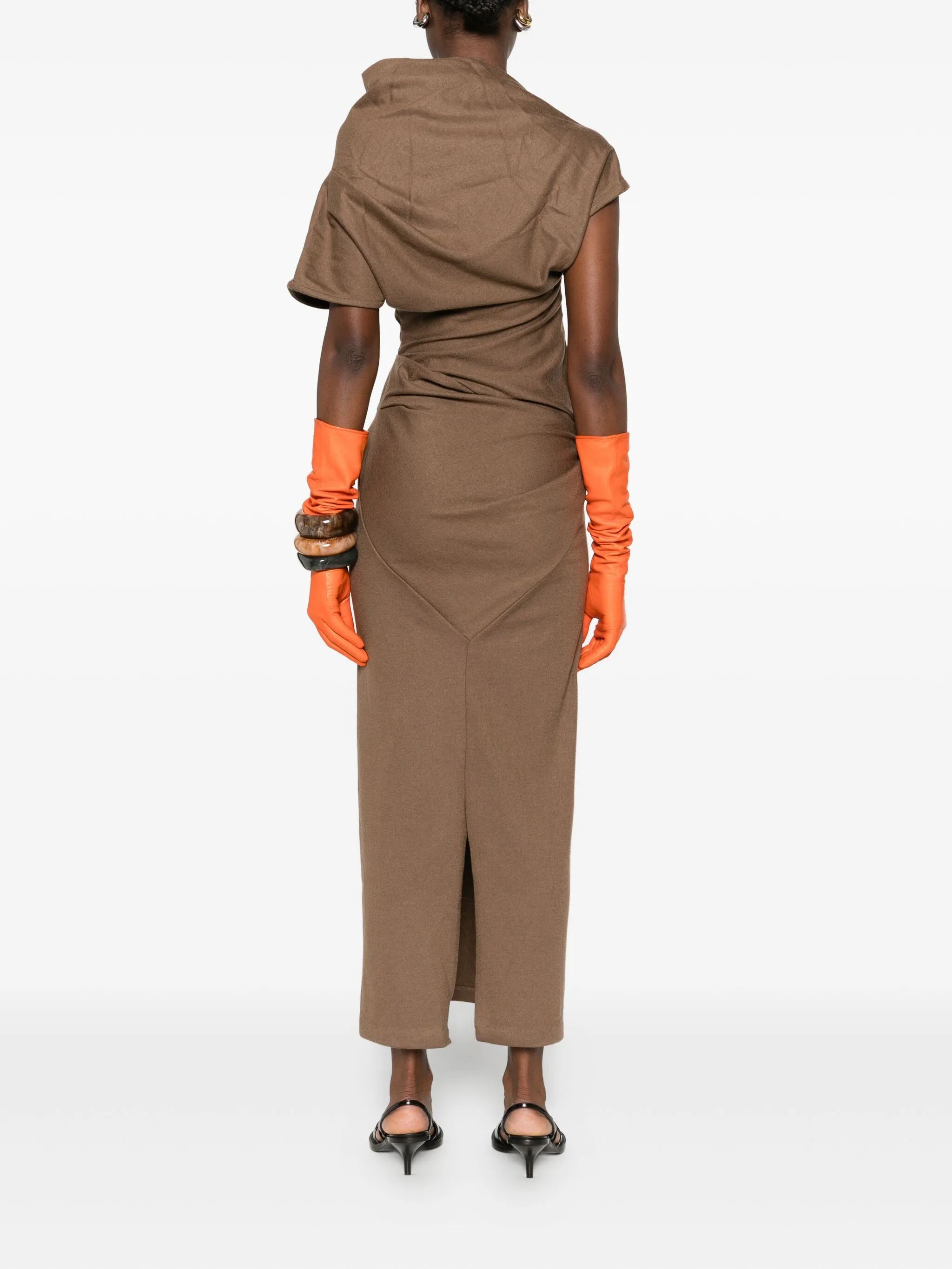high-neck draped midi dress