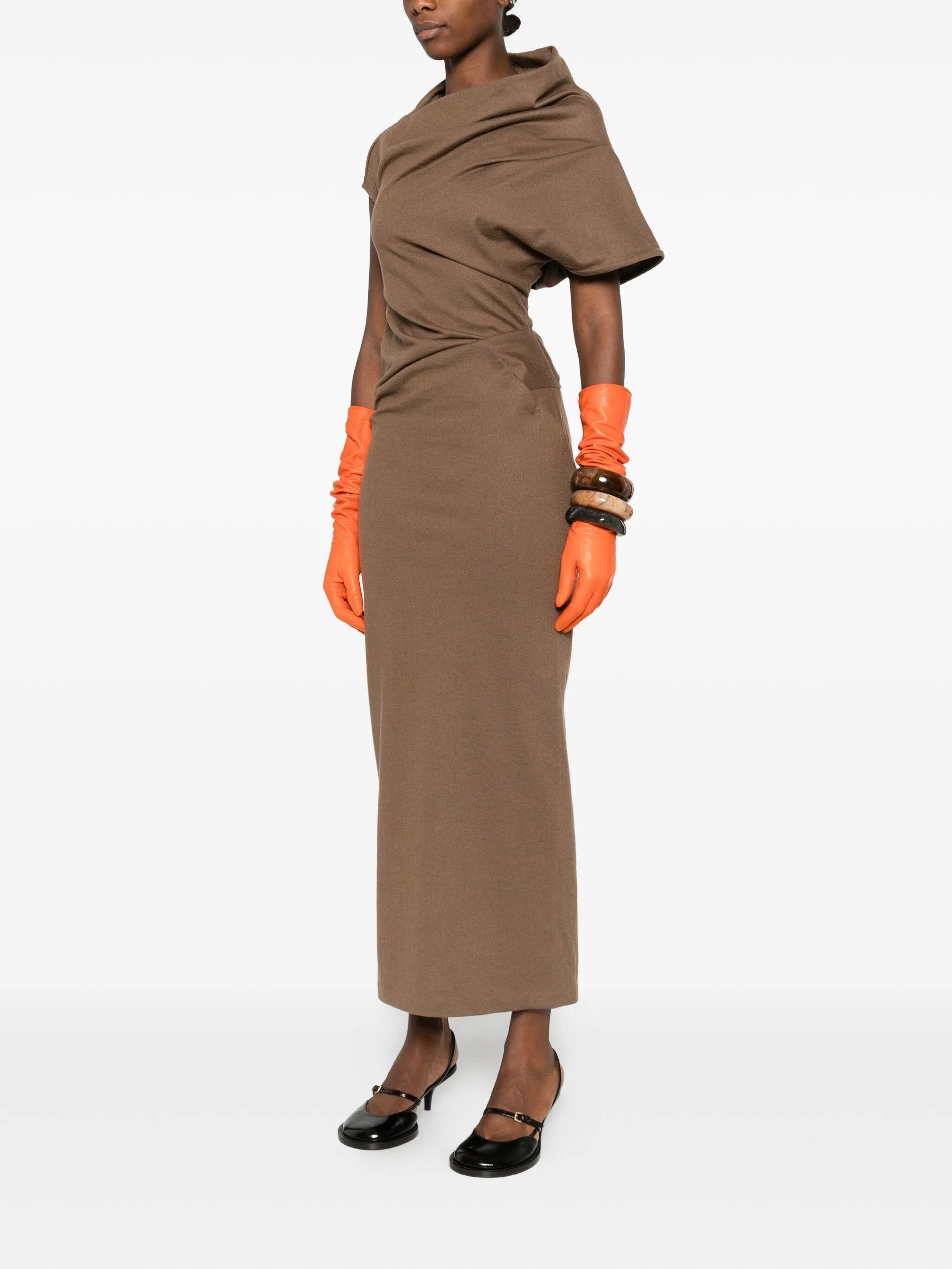 high-neck draped midi dress