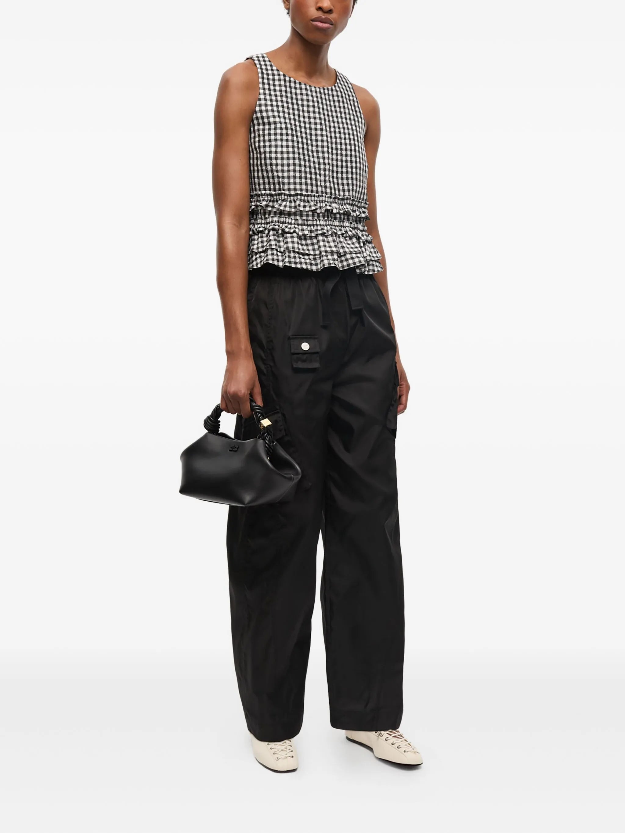 check-print ruffled top