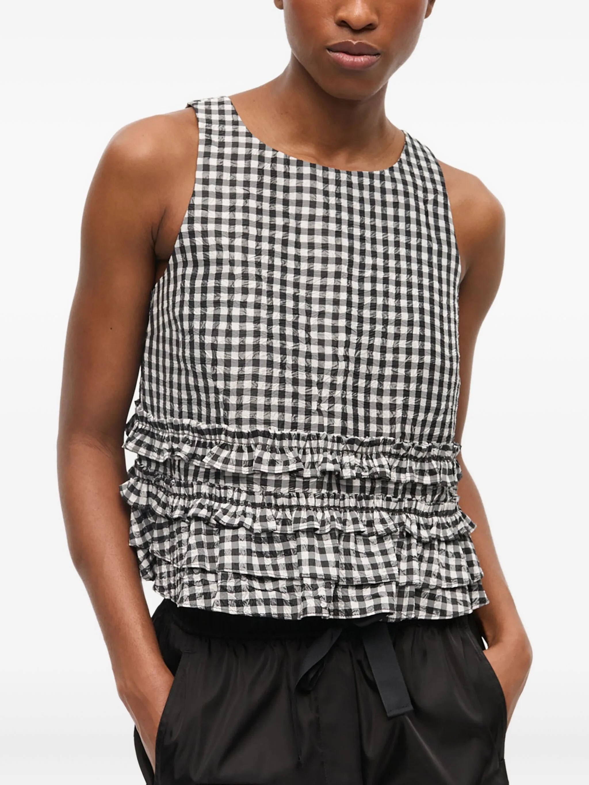 check-print ruffled top