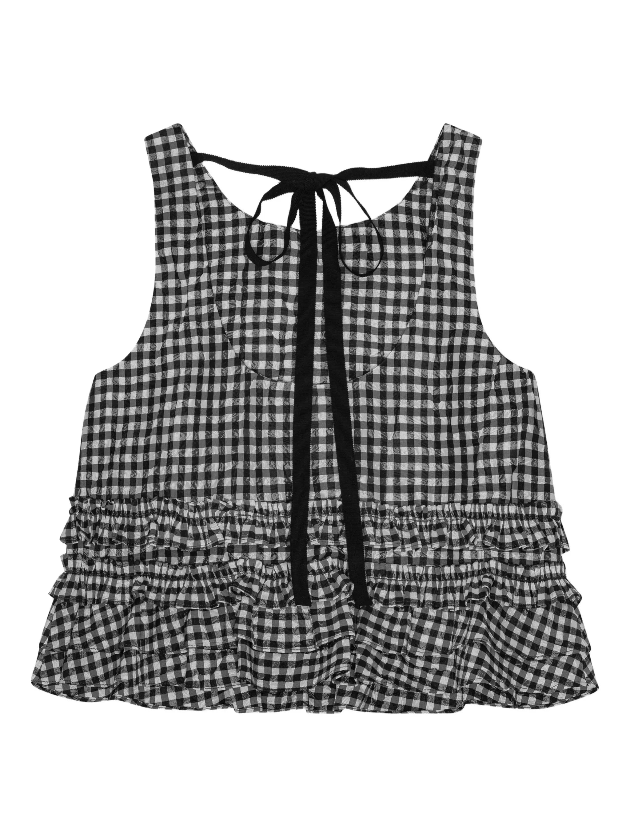 check-print ruffled top