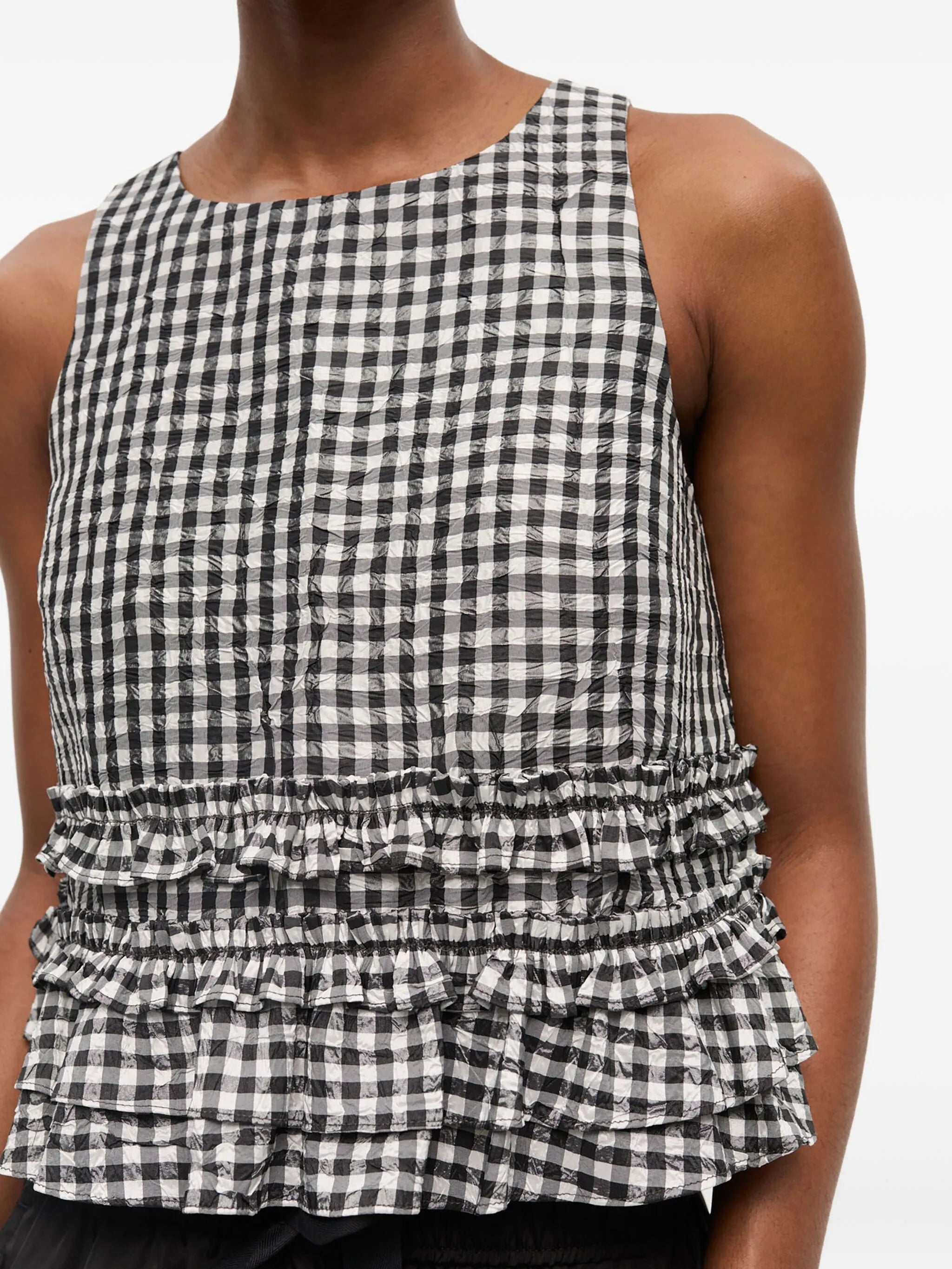 check-print ruffled top