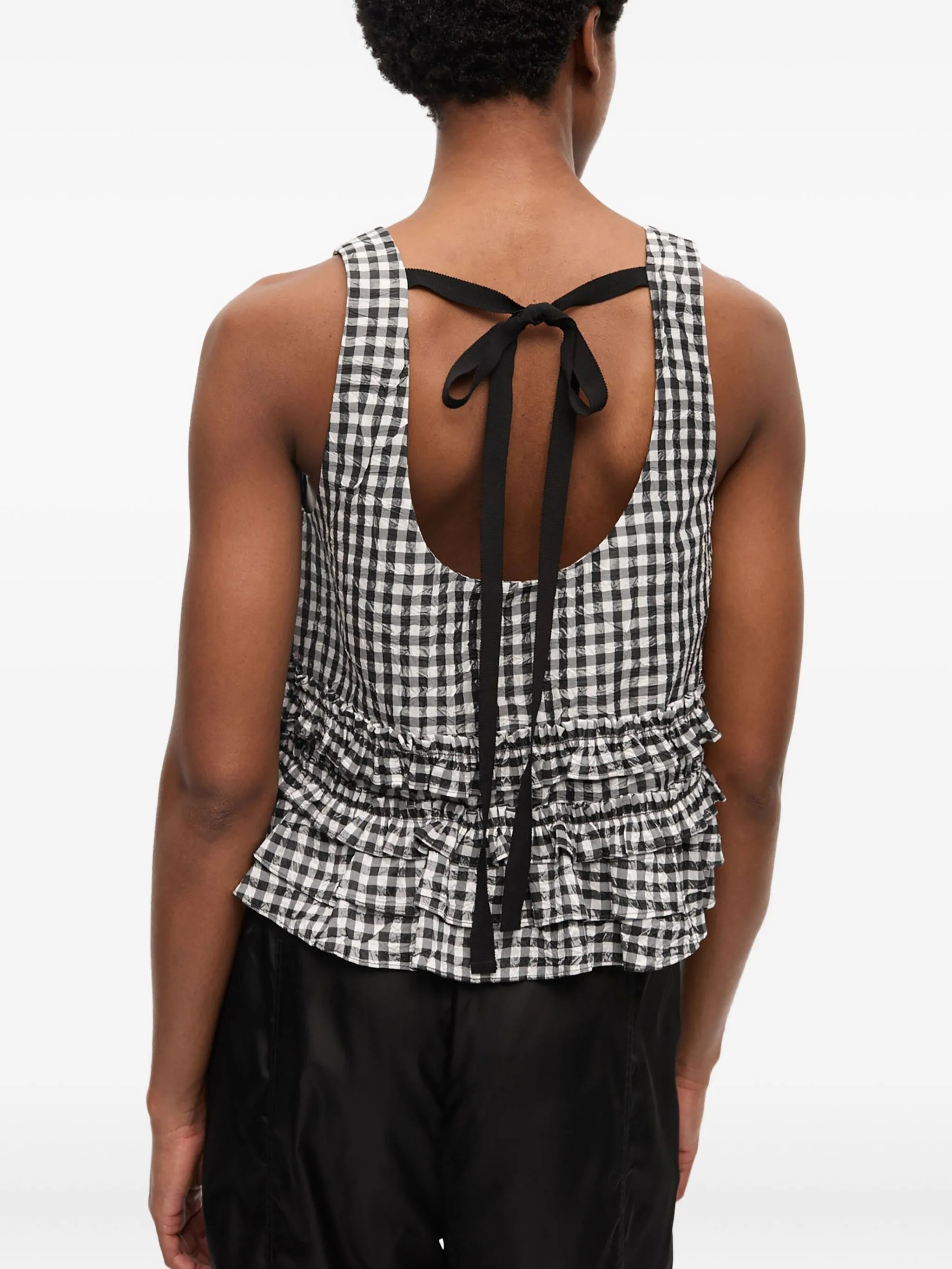 check-print ruffled top