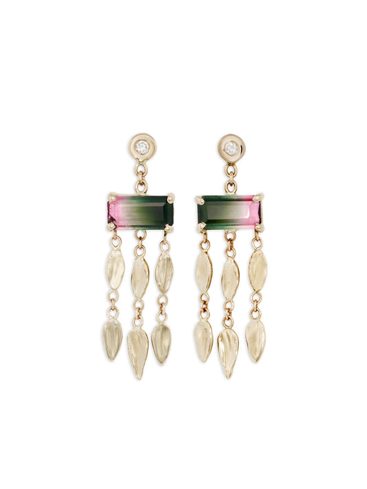 14K yellow gold dangle tourmaline and diamond earrings