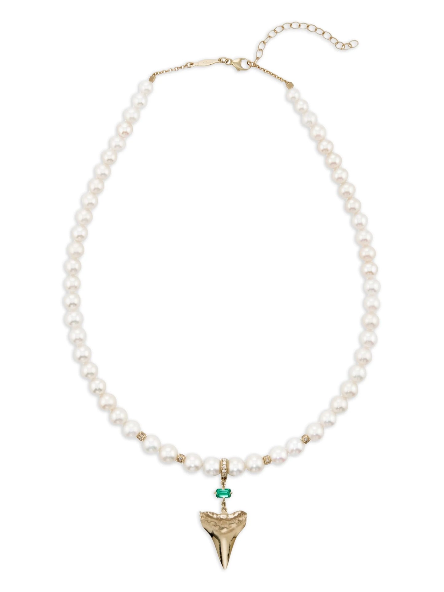 14K yellow gold Shark Tooth emerald and diamondecklace