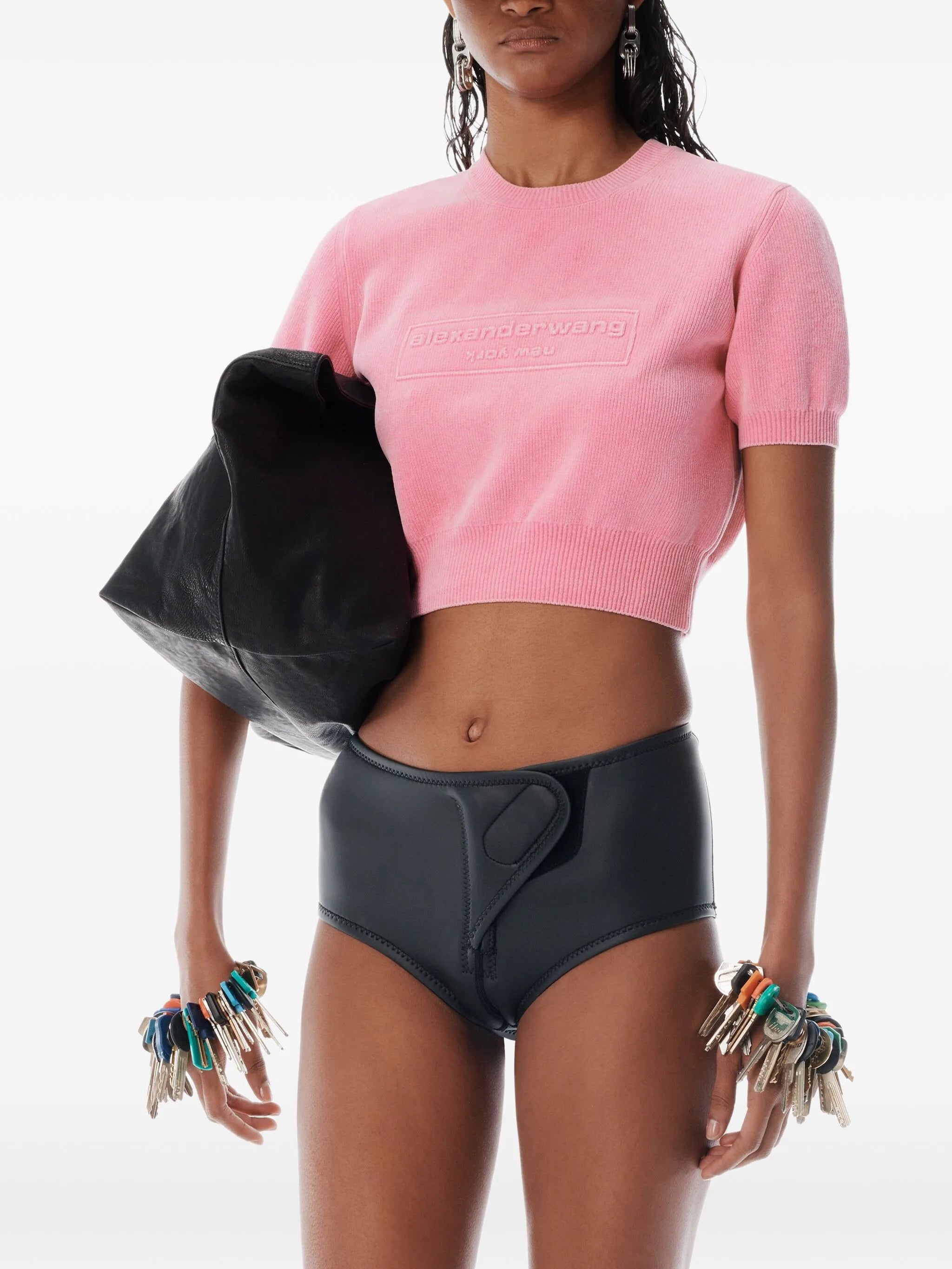 logo-embossed puff-sleeve knit top