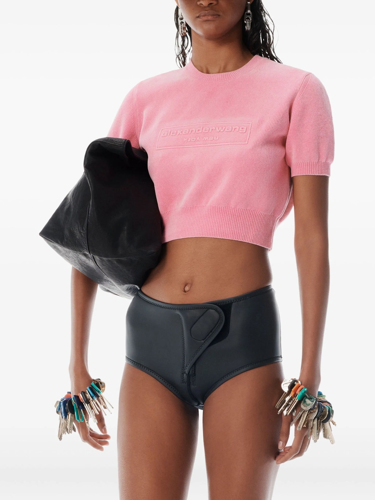 logo-embossed puff-sleeve knit top