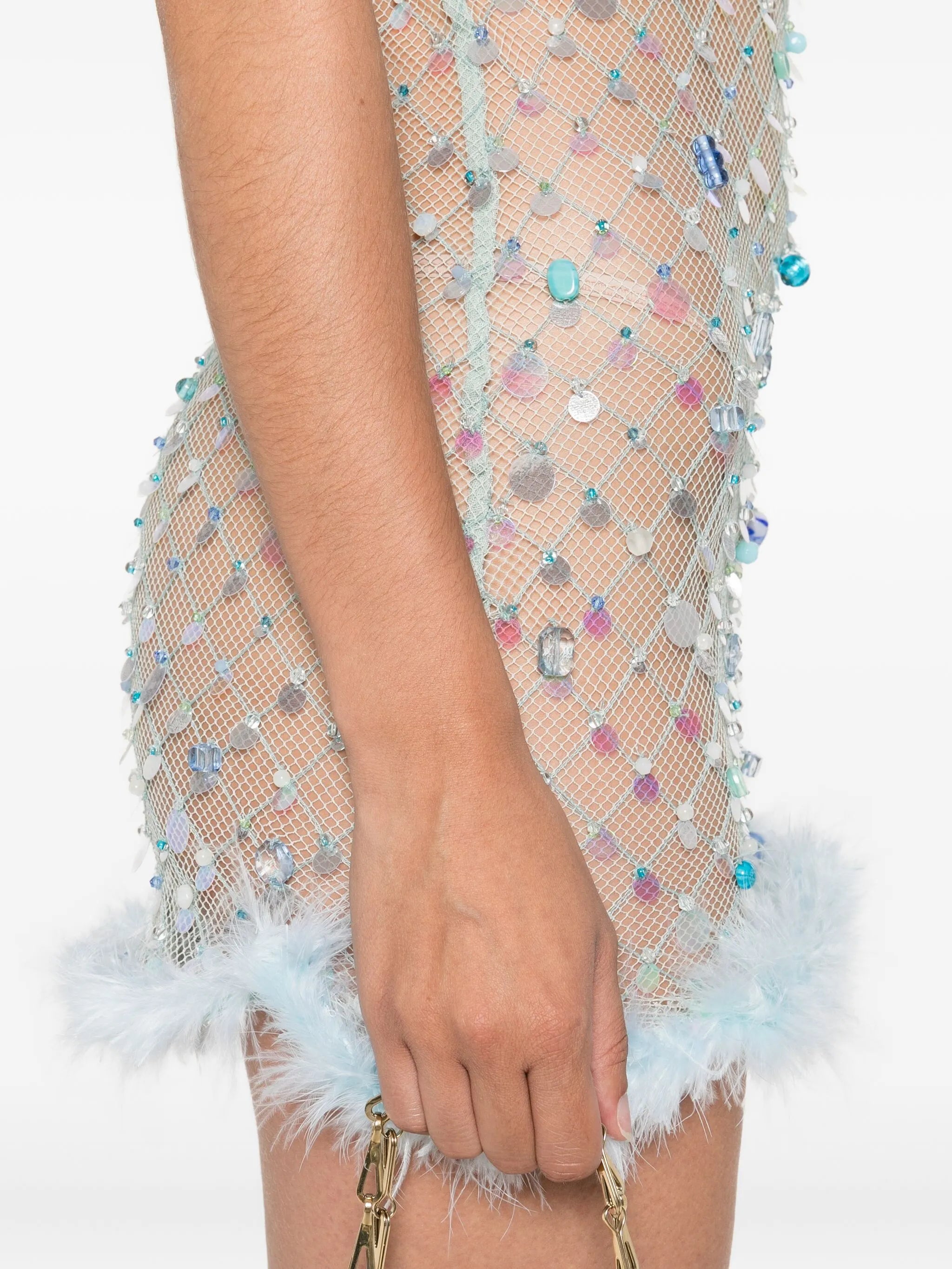 feather-trim mesh mini dress