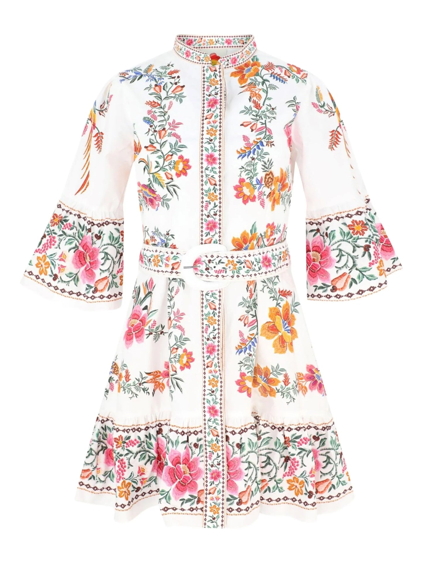 floral-embroidered belted mini dress