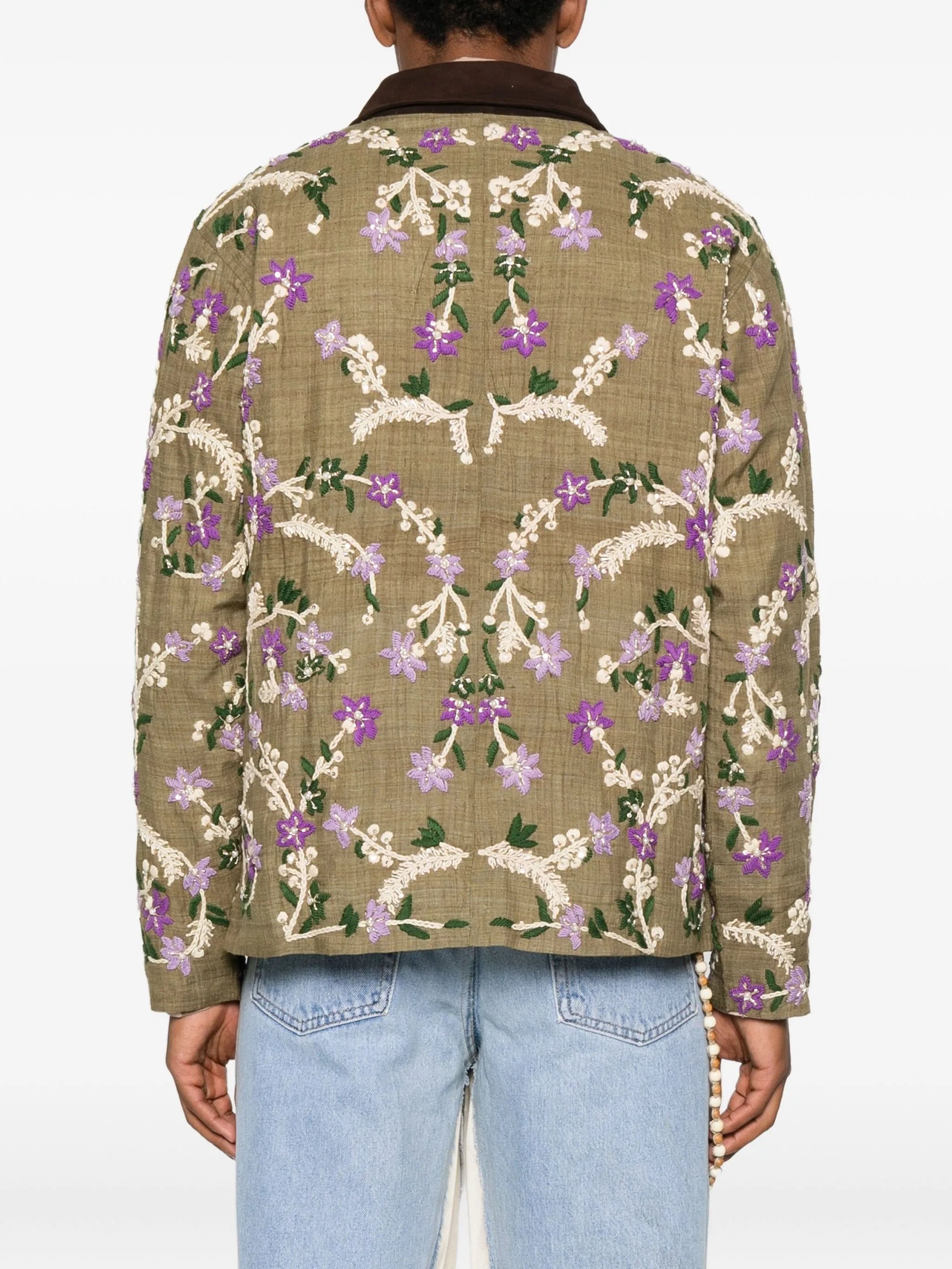 floral-embroidered suede-collar jacket