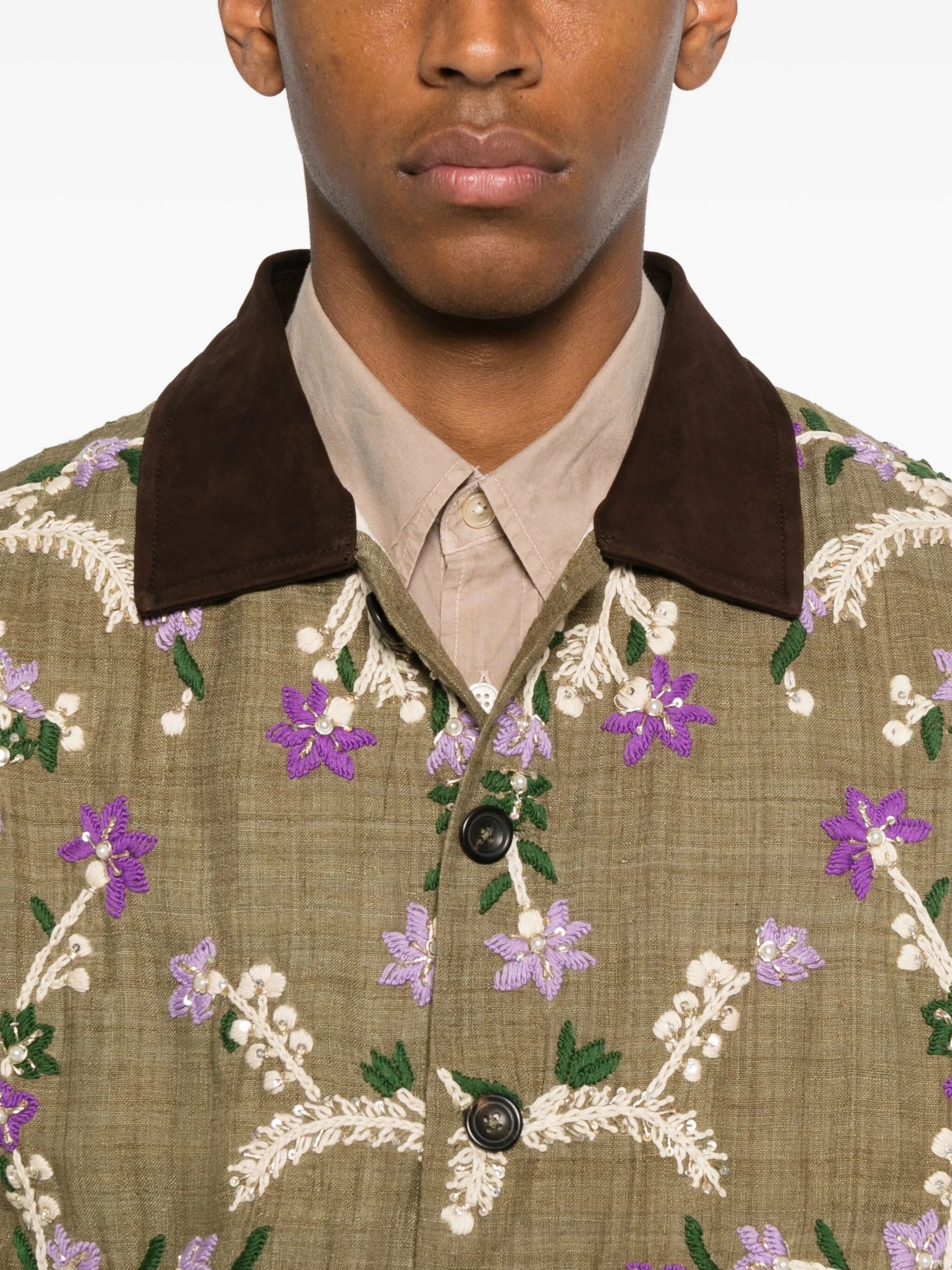 floral-embroidered suede-collar jacket