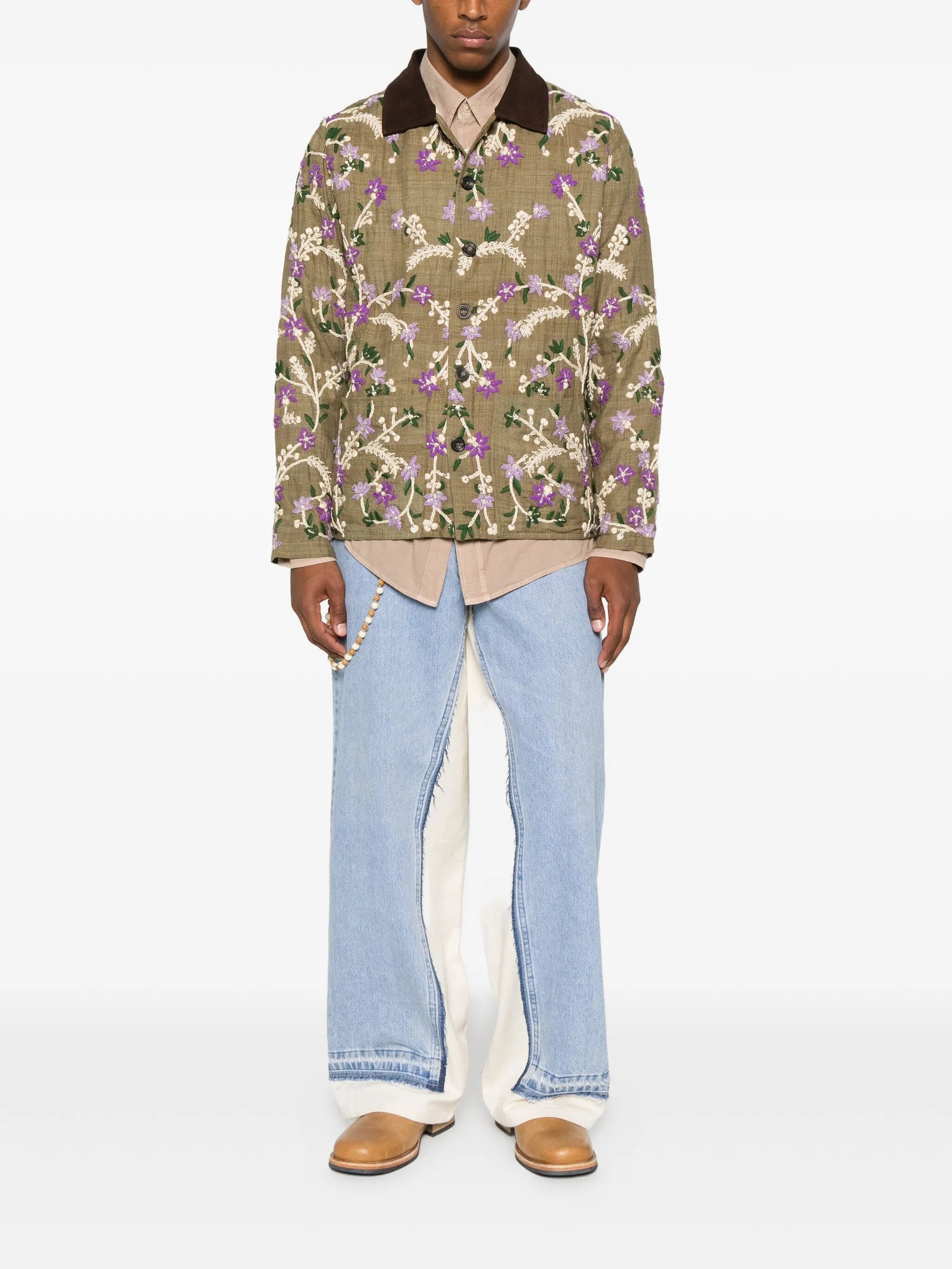 floral-embroidered suede-collar jacket