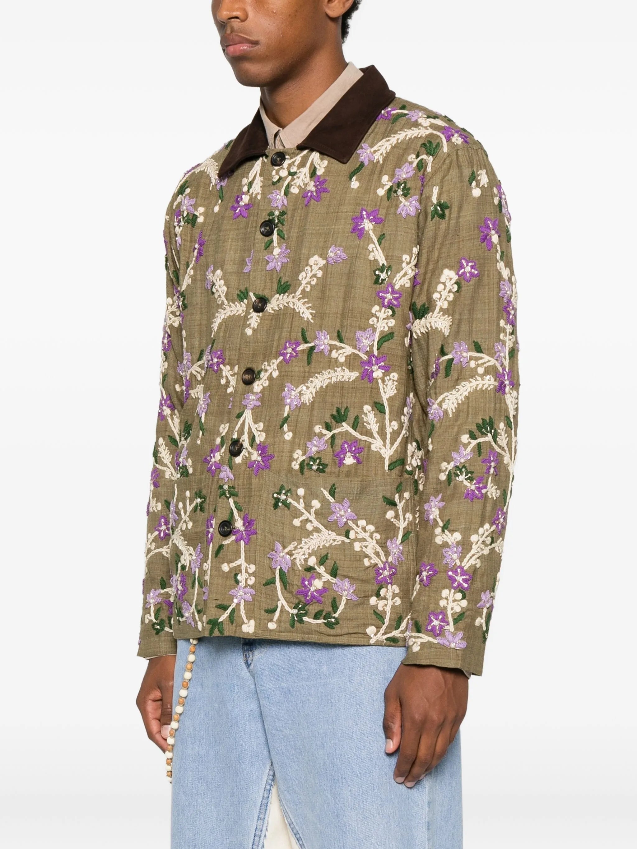 floral-embroidered suede-collar jacket