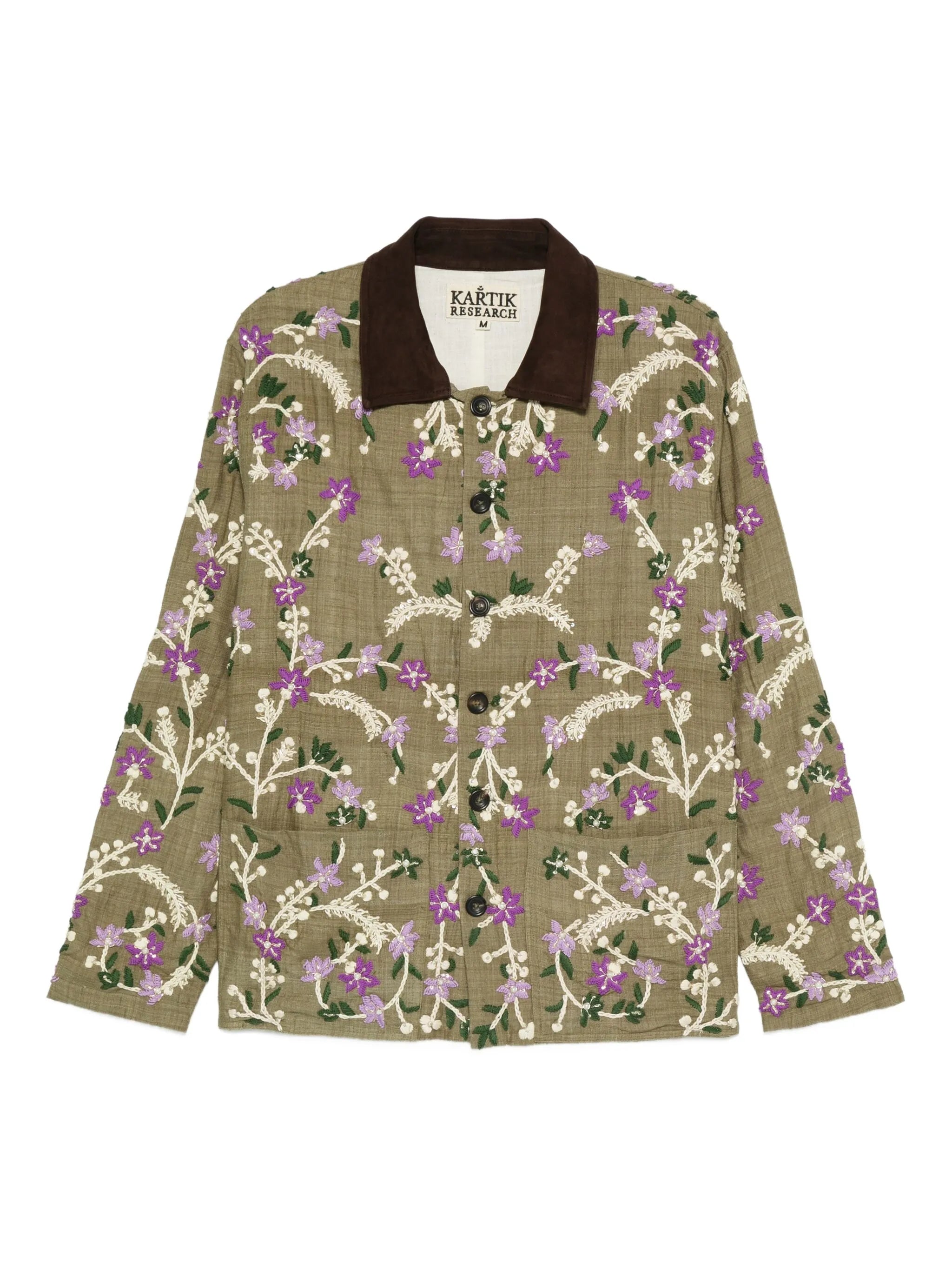 floral-embroidered suede-collar jacket