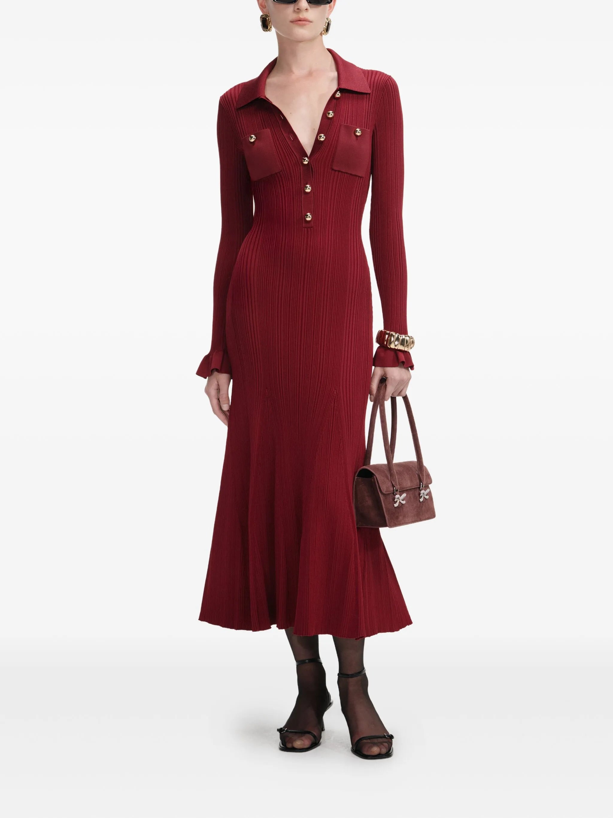 ribbed-knit buttoned midi dress