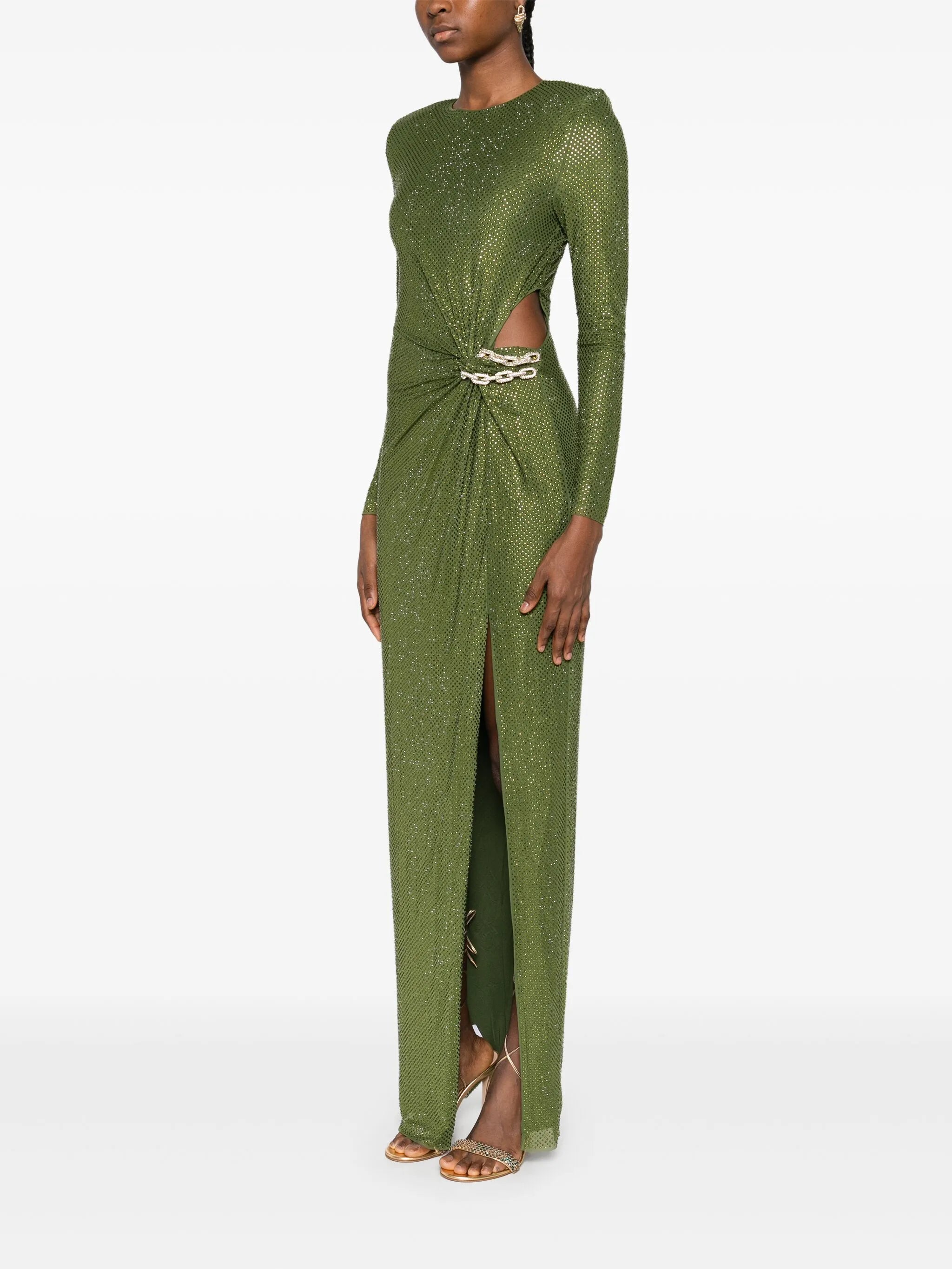 rhinestone-embellished chain-detail maxi dress