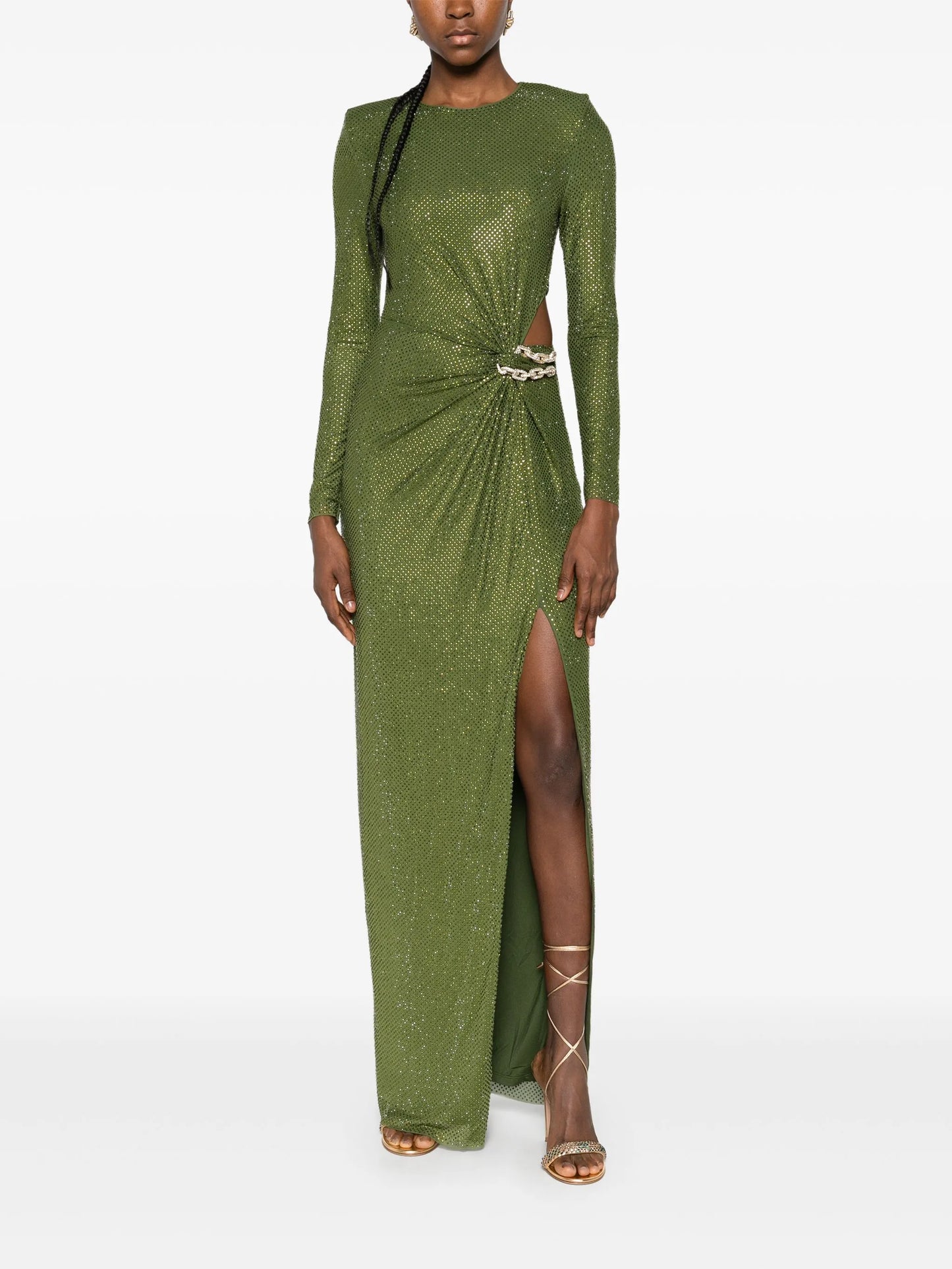 rhinestone-embellished chain-detail maxi dress