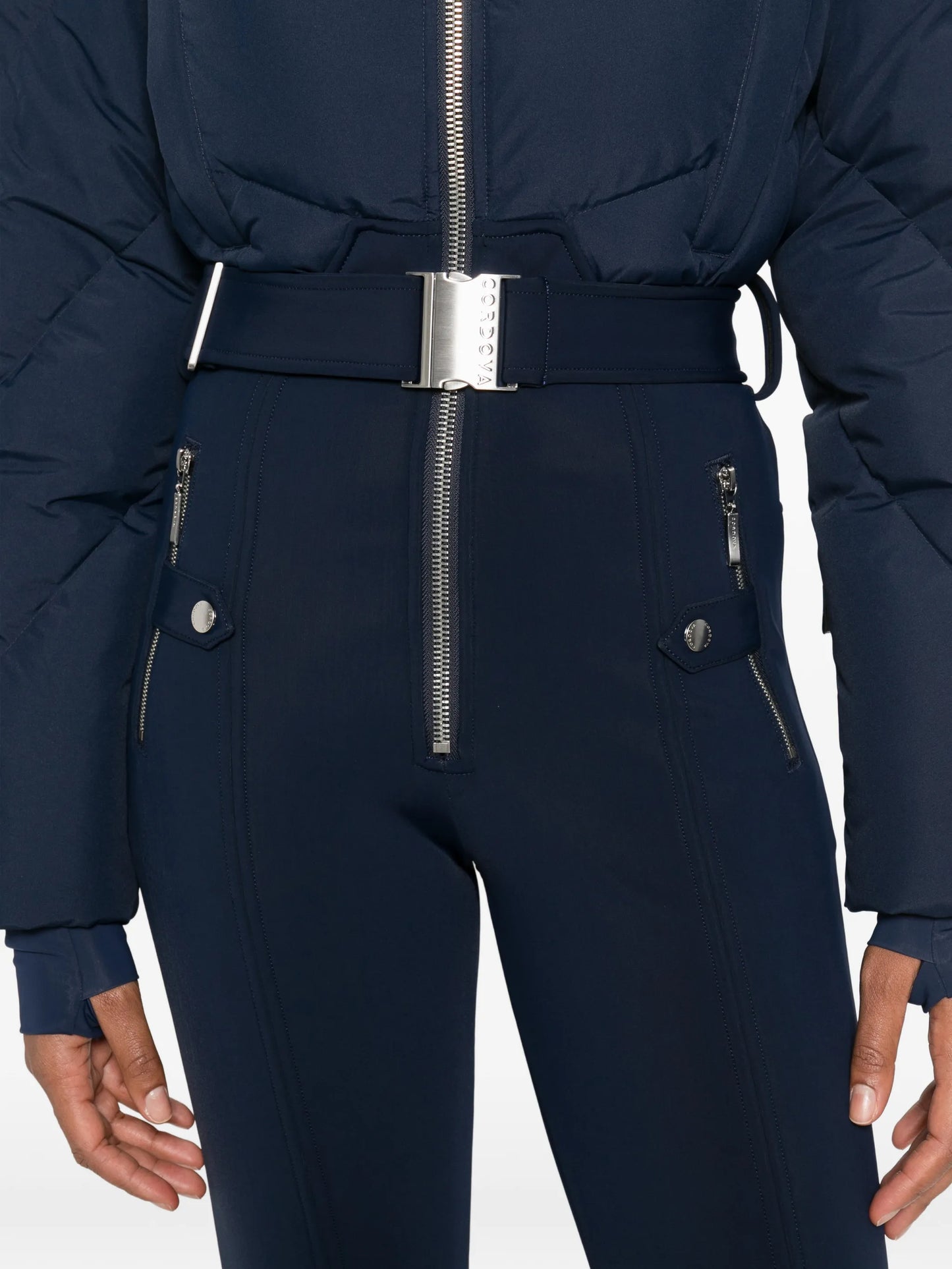 hooded belted-waist padded ski suit