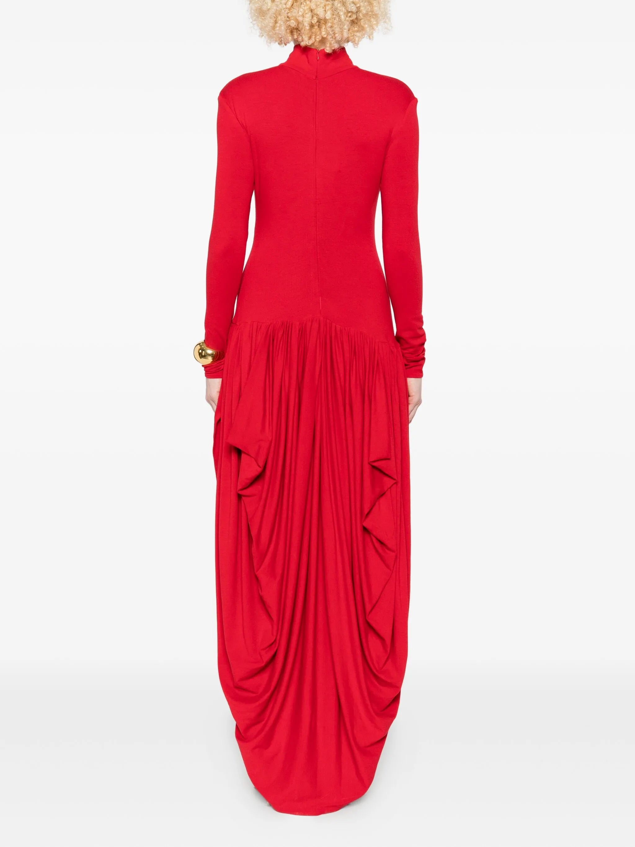 high-neck pleated dress