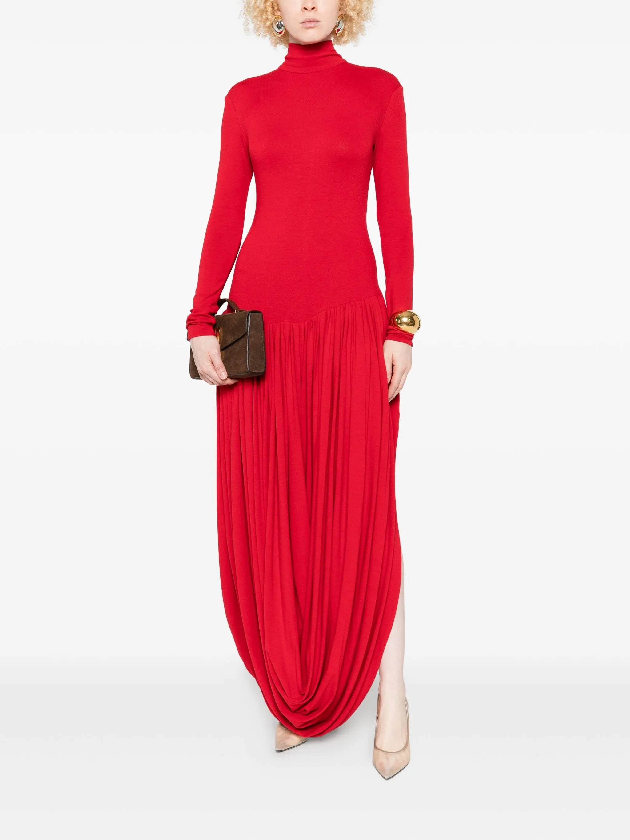 high-neck pleated dress