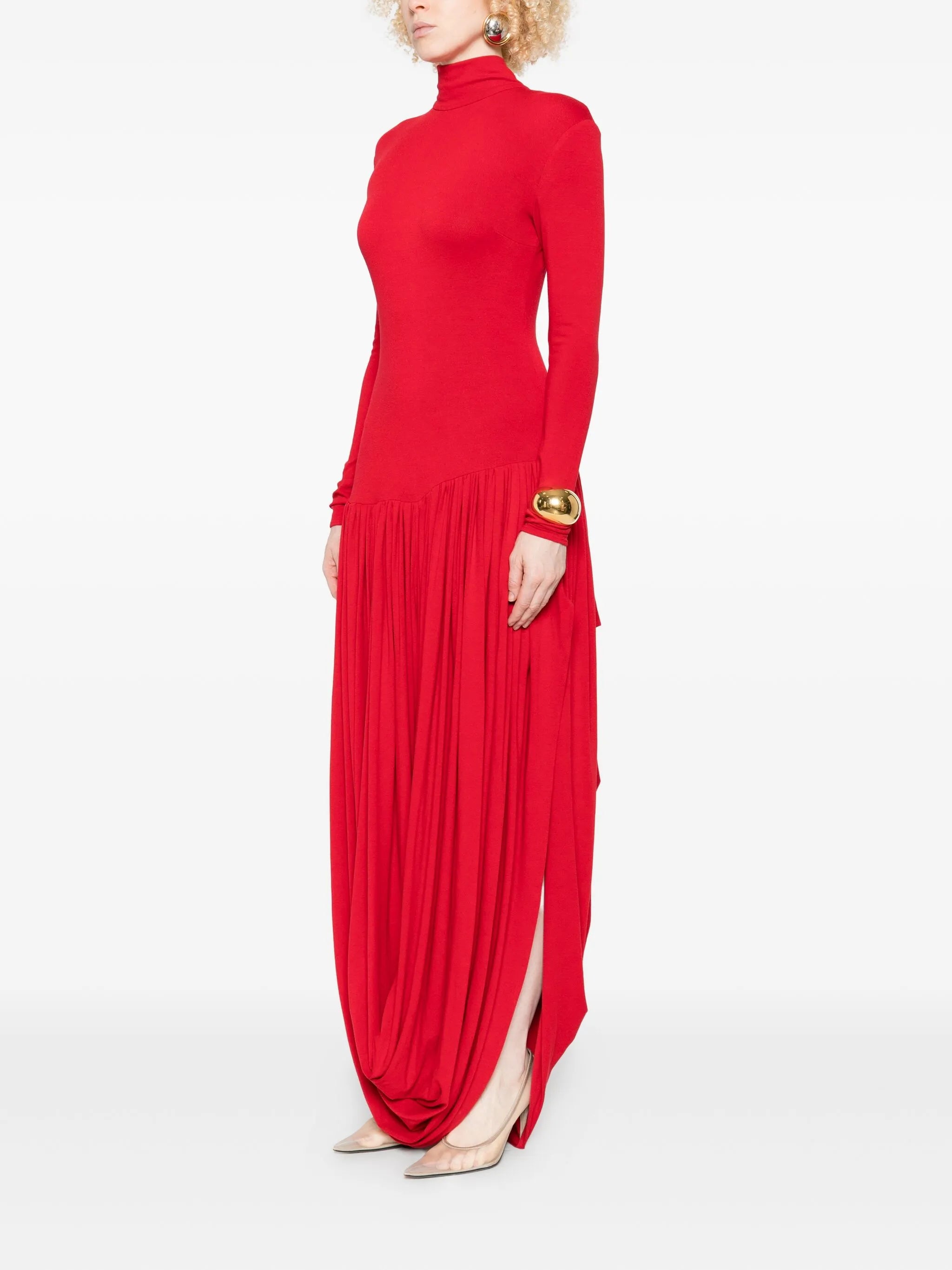 high-neck pleated dress
