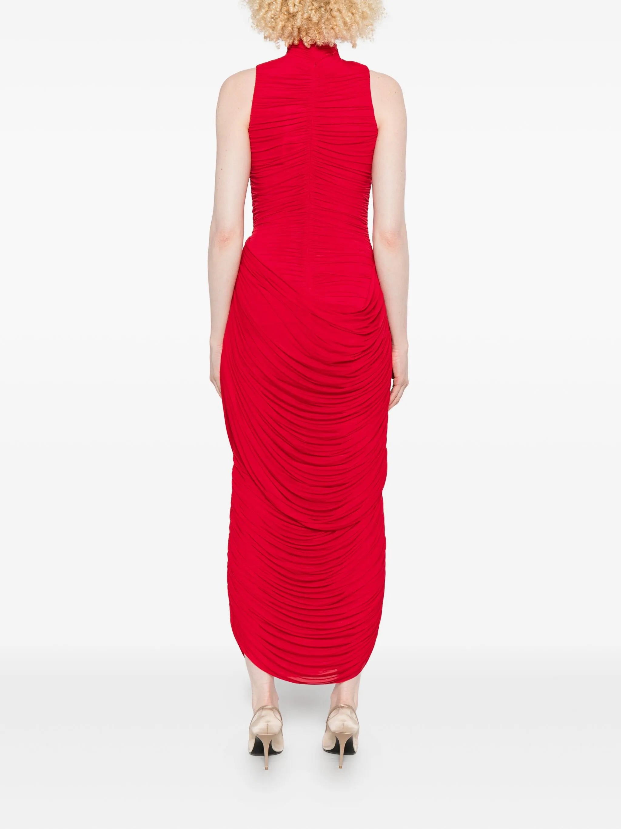 high-neck draped dress