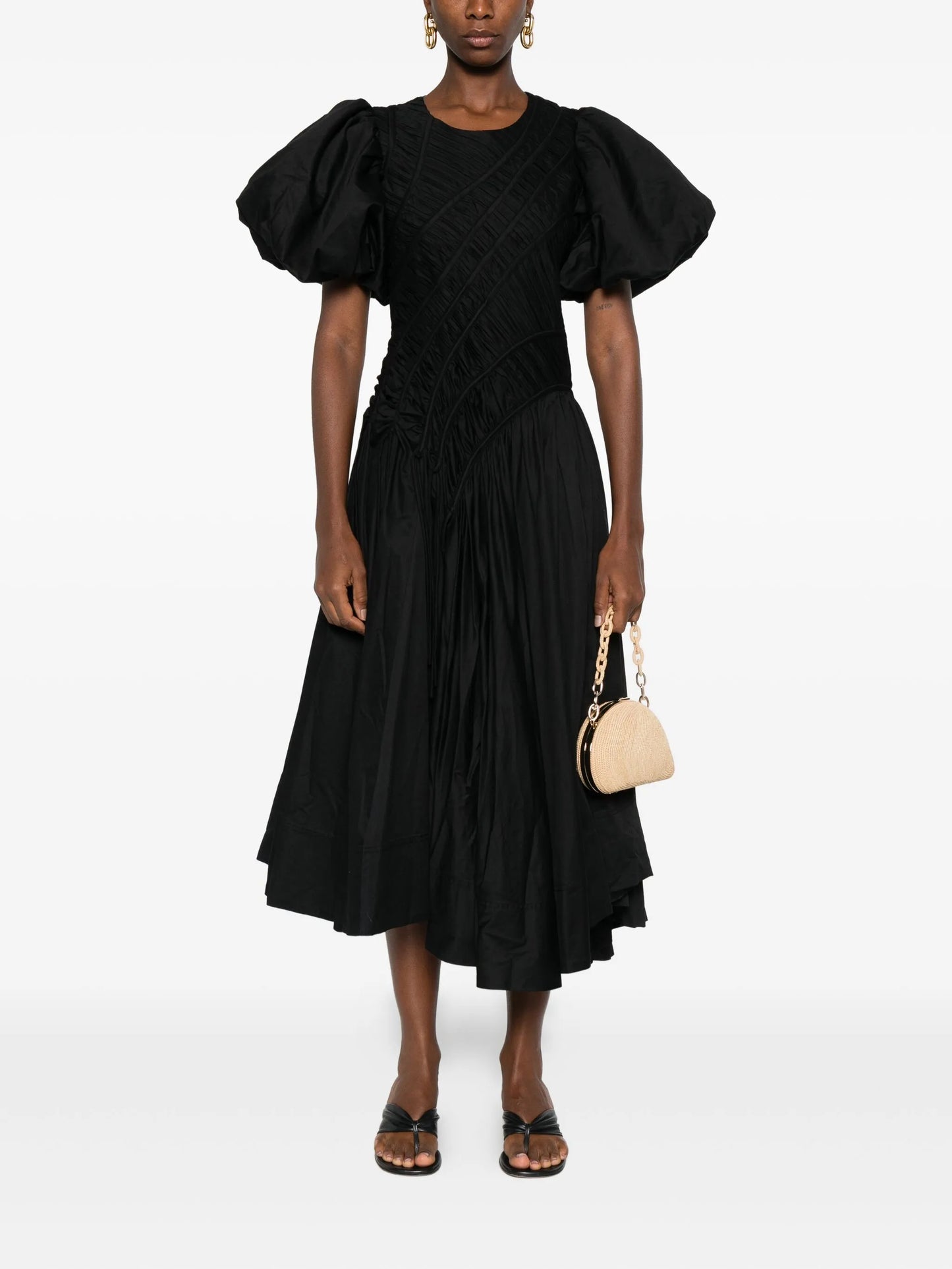puff-sleeved smocked midi dress