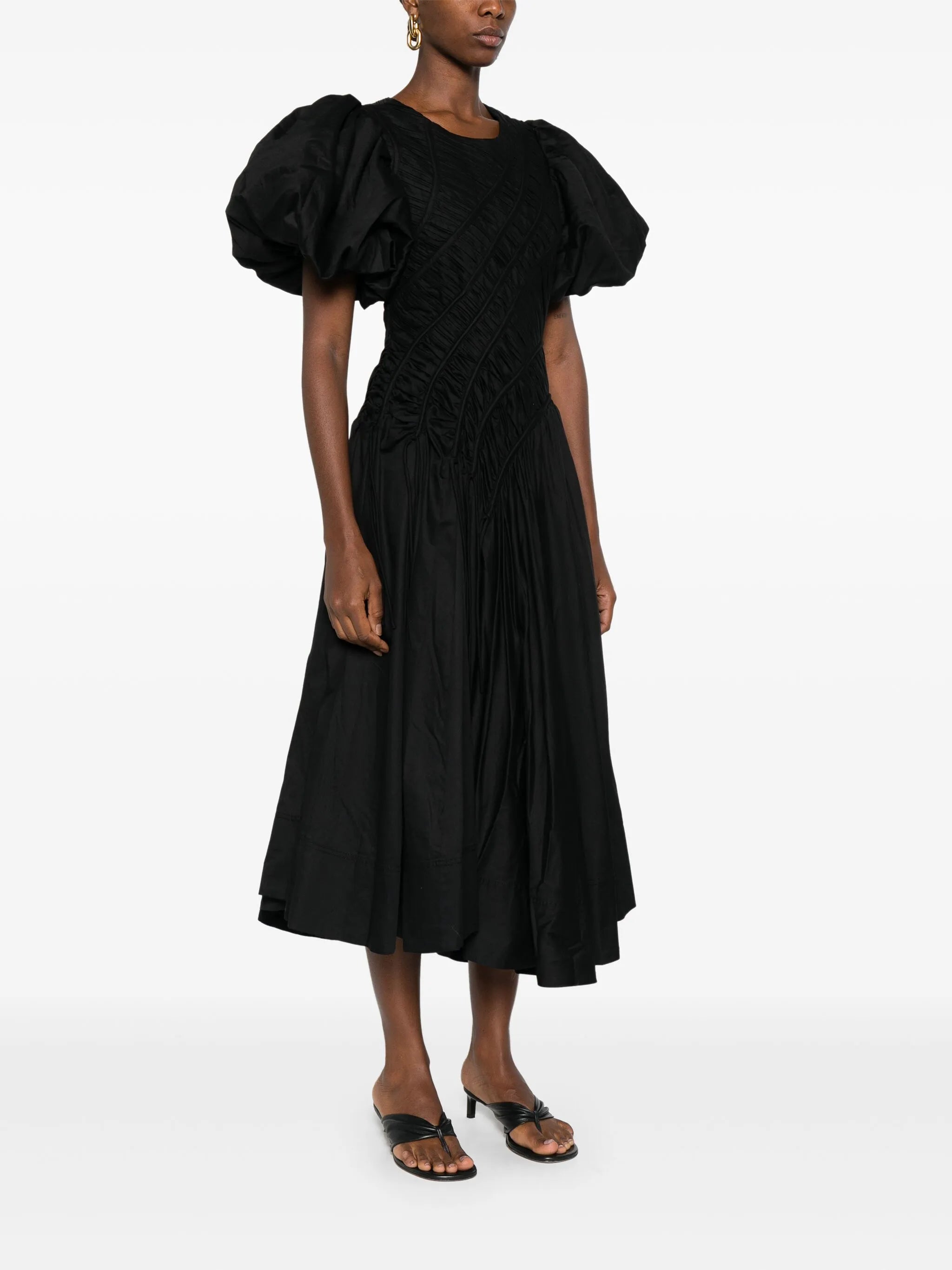 puff-sleeved smocked midi dress
