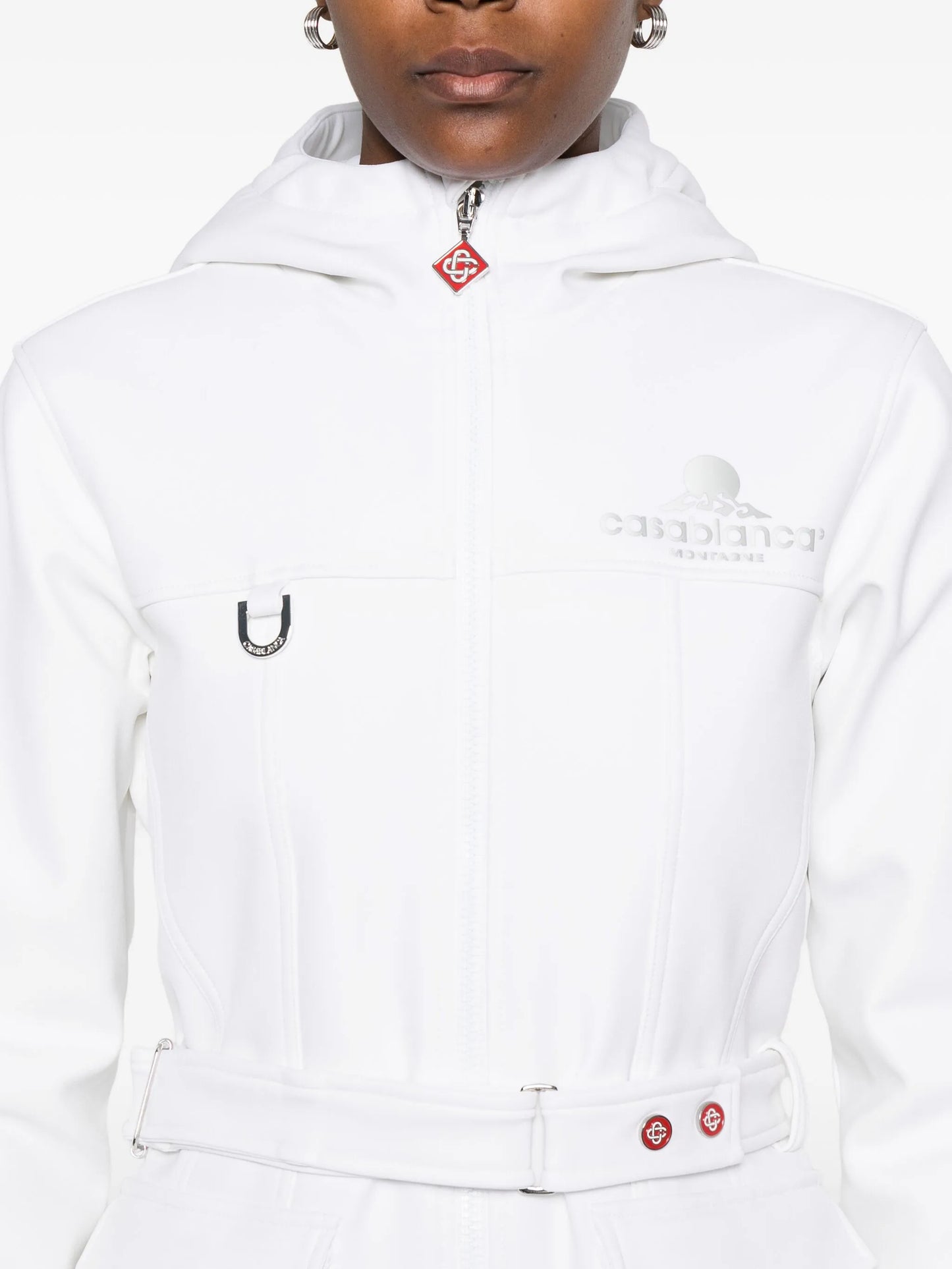 hooded belted ski jacket