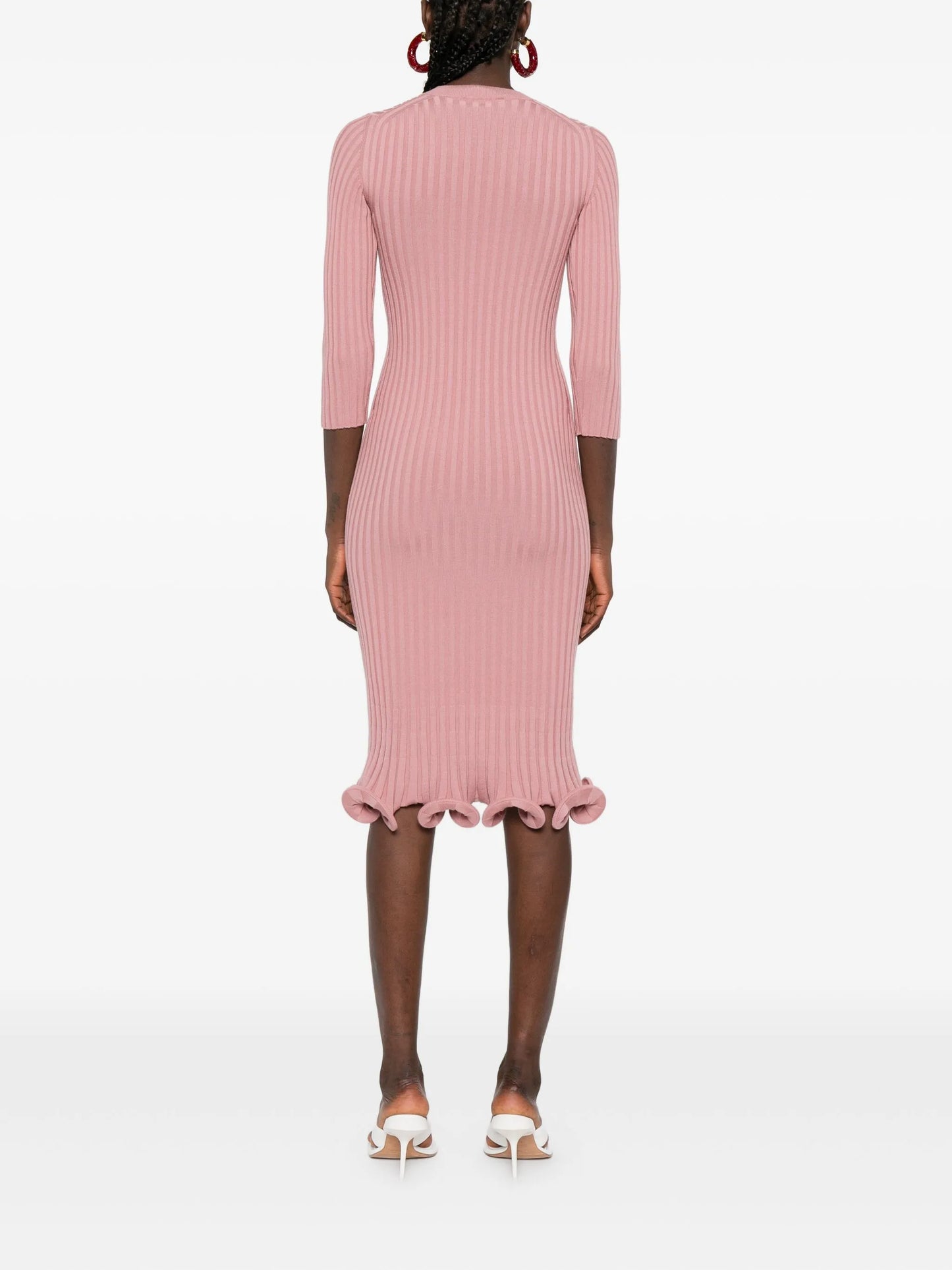 ribbed-knit ruffled midi dress