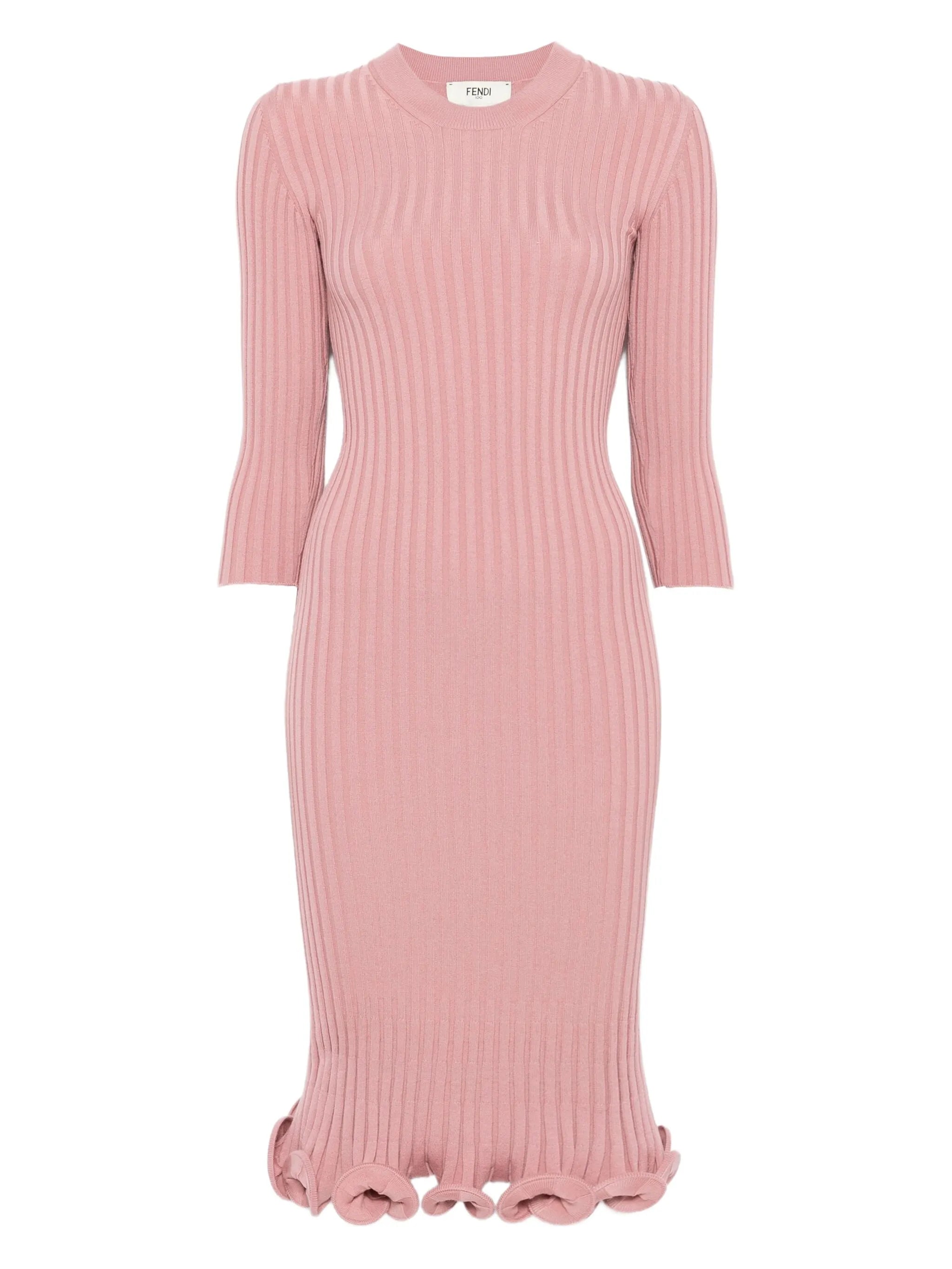 ribbed-knit ruffled midi dress