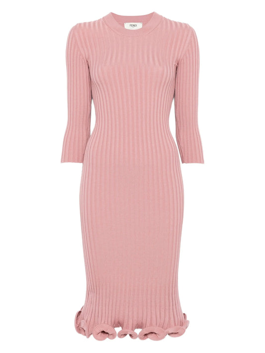 ribbed-knit ruffled midi dress