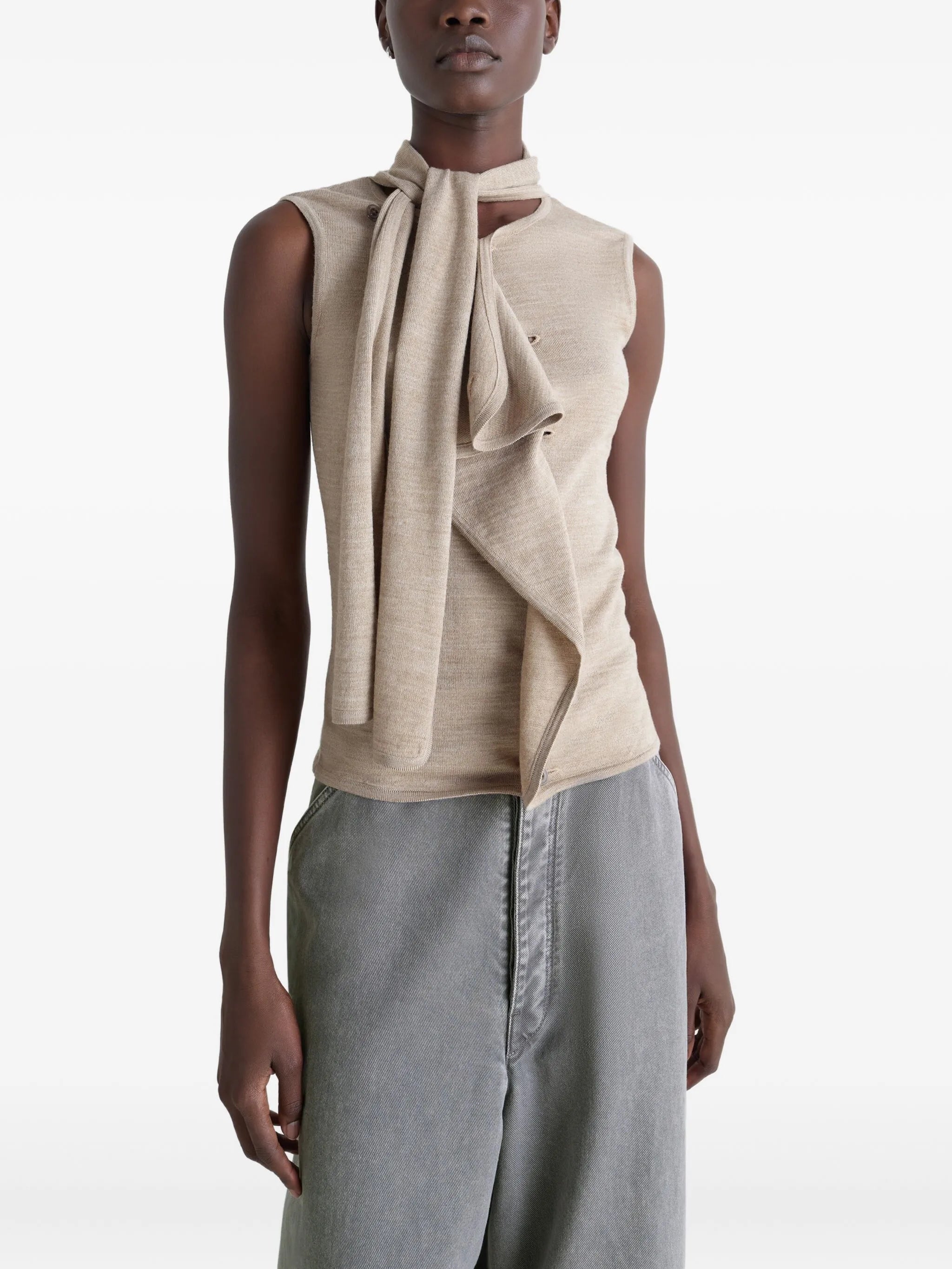 tie-neck asymmetrical-design knitted top