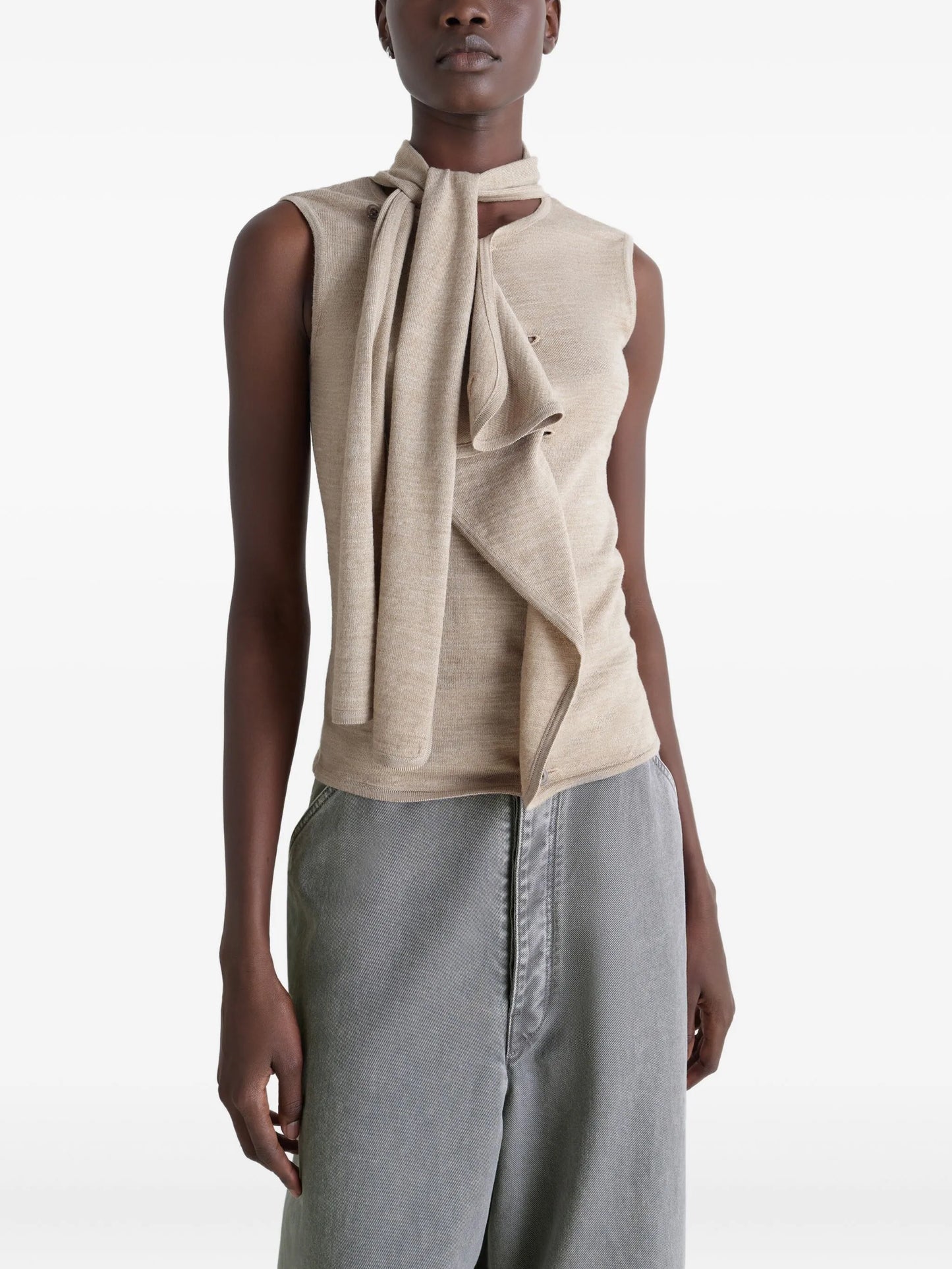 tie-neck asymmetrical-design knitted top