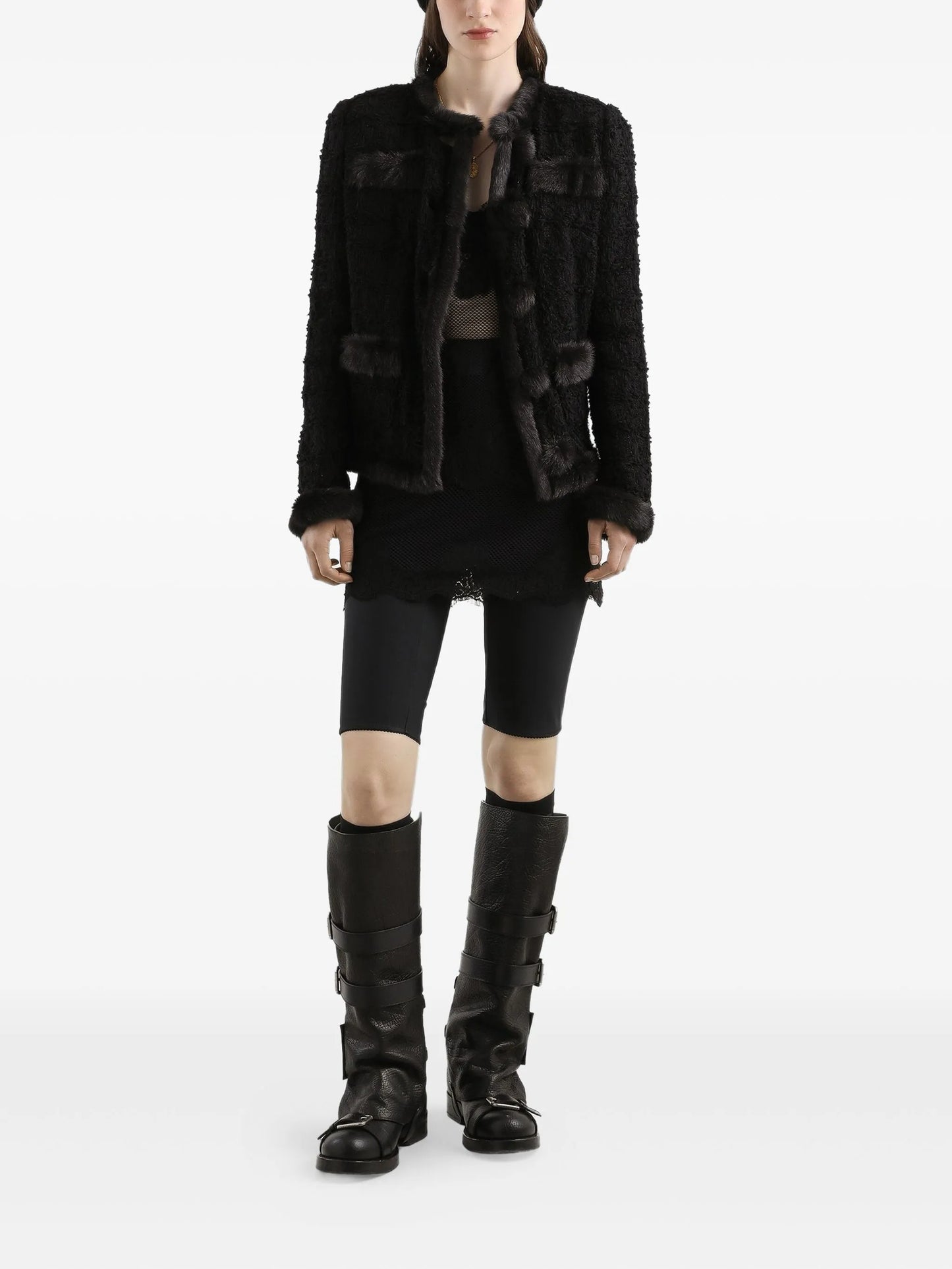 fur-trimmed tweed jacket