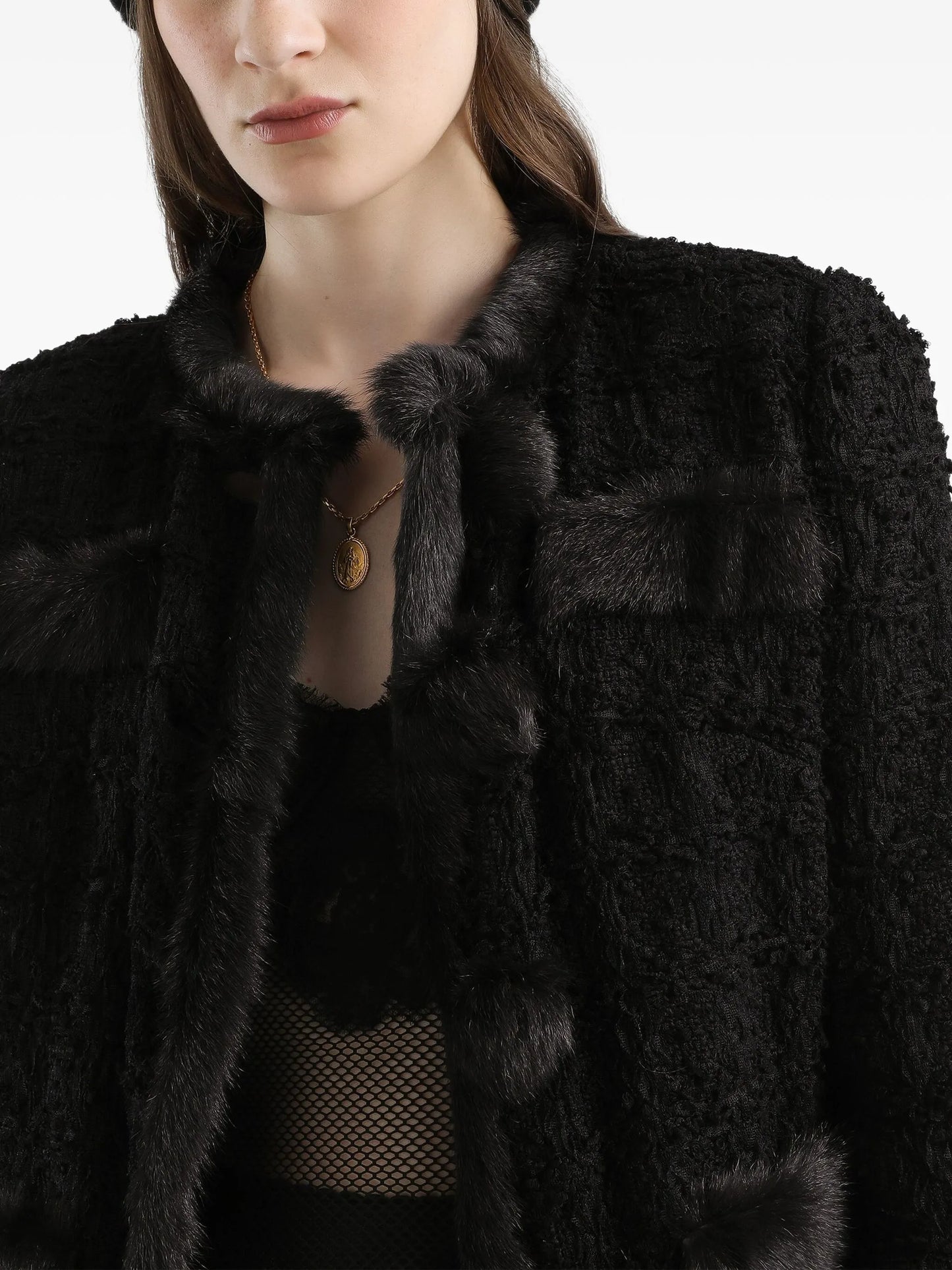 fur-trimmed tweed jacket