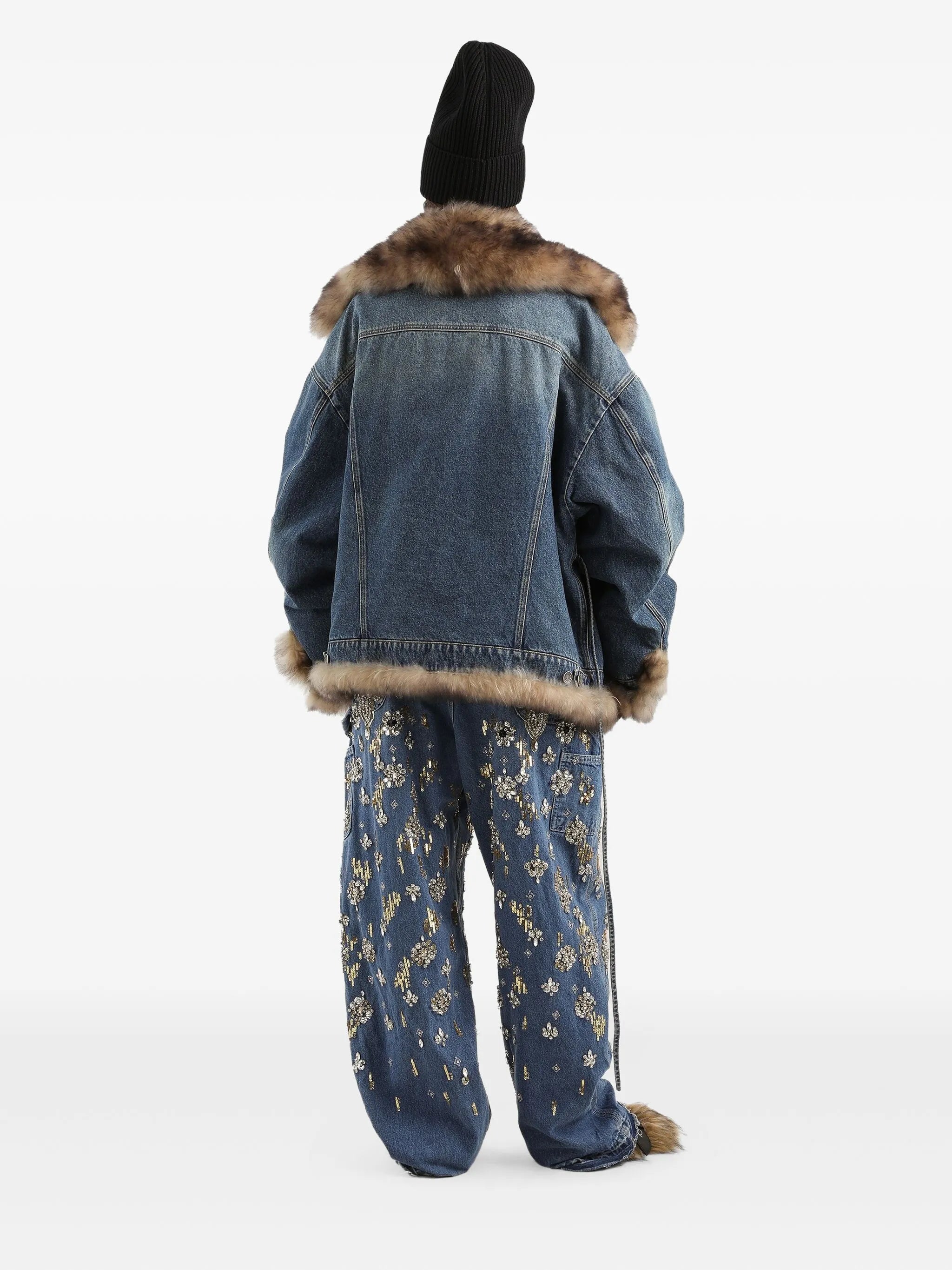 faux-fur detail denim coat