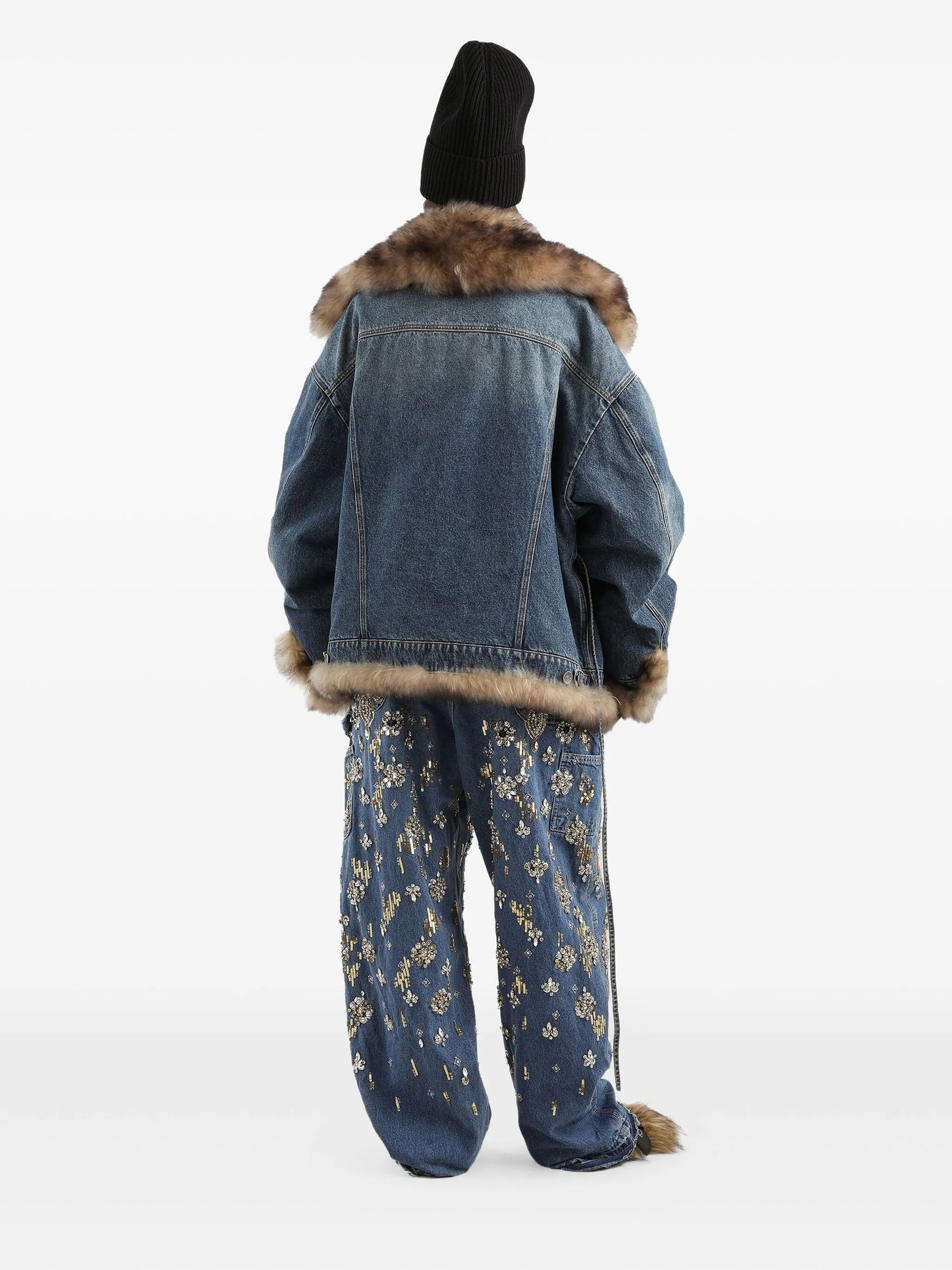 faux-fur detail denim coat