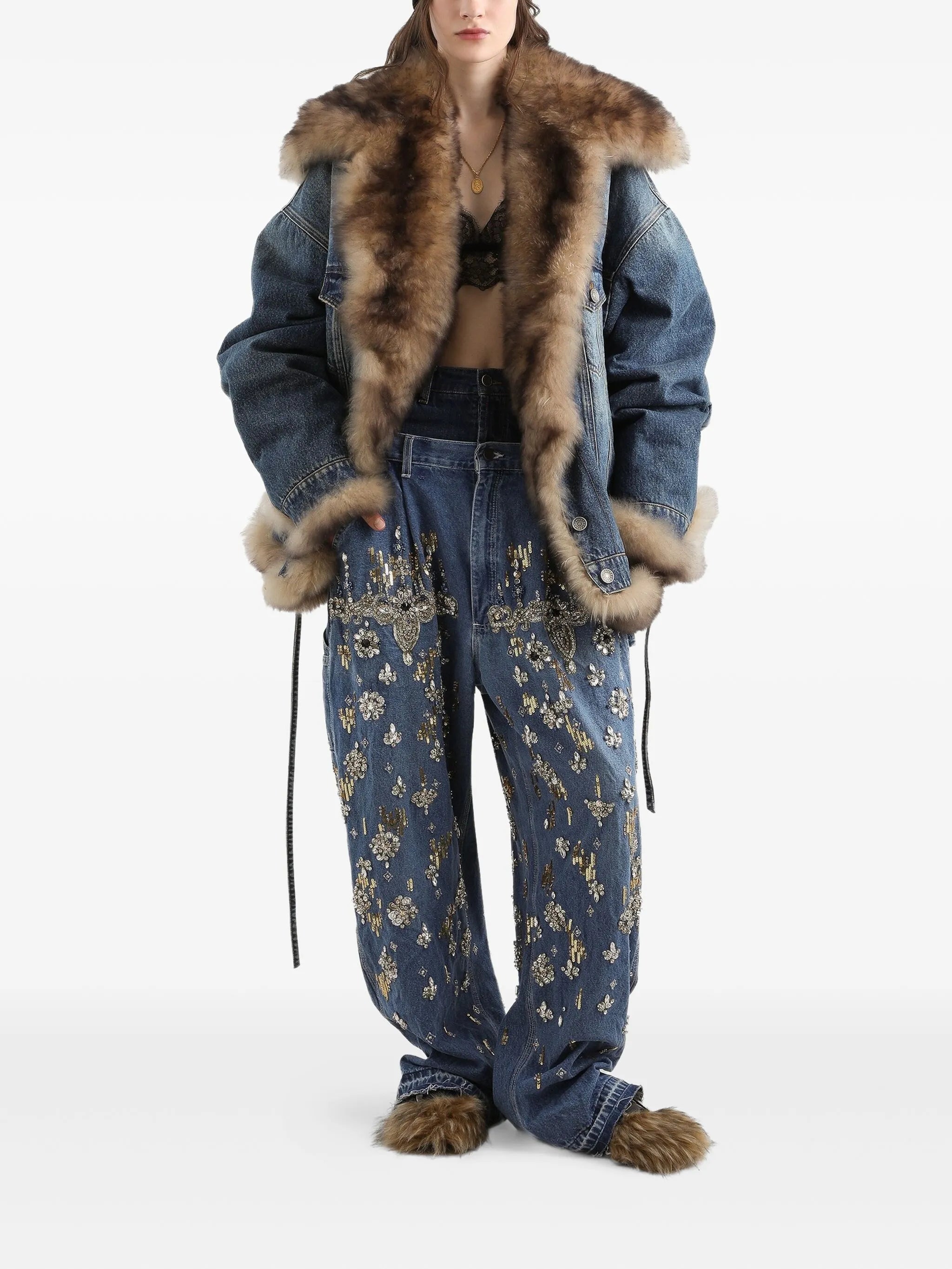 faux-fur detail denim coat