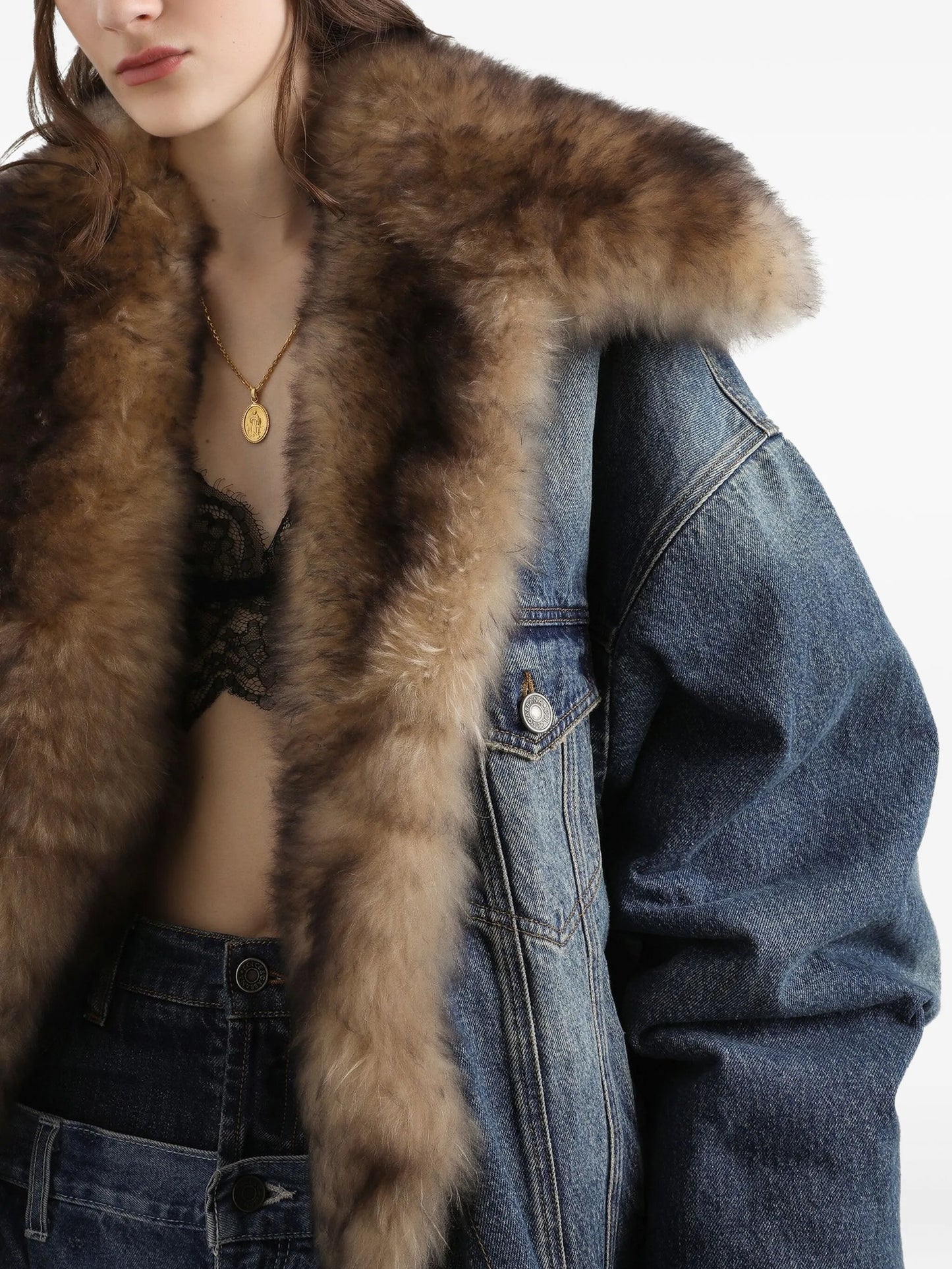faux-fur detail denim coat