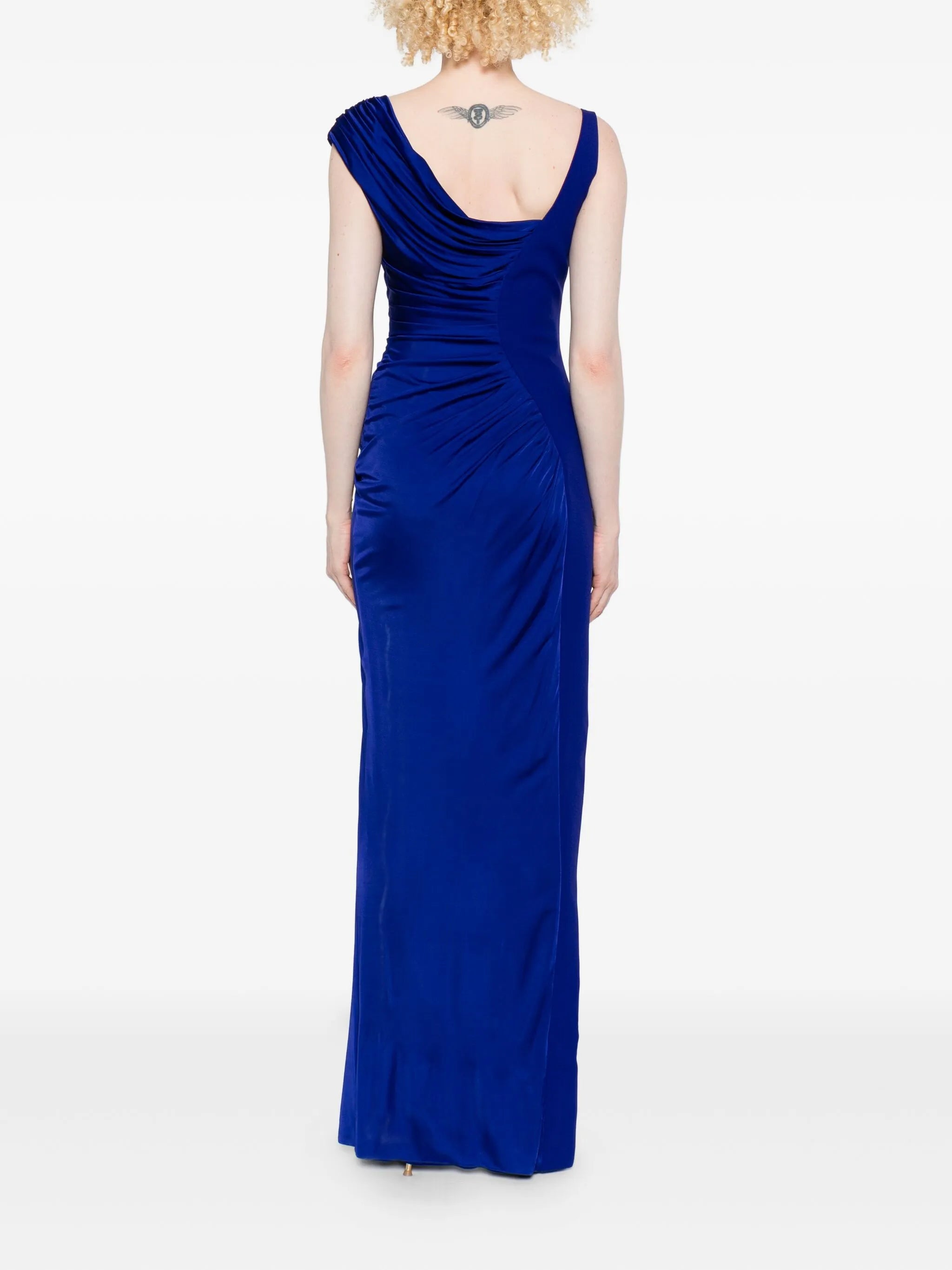 draped one-shoulder gown