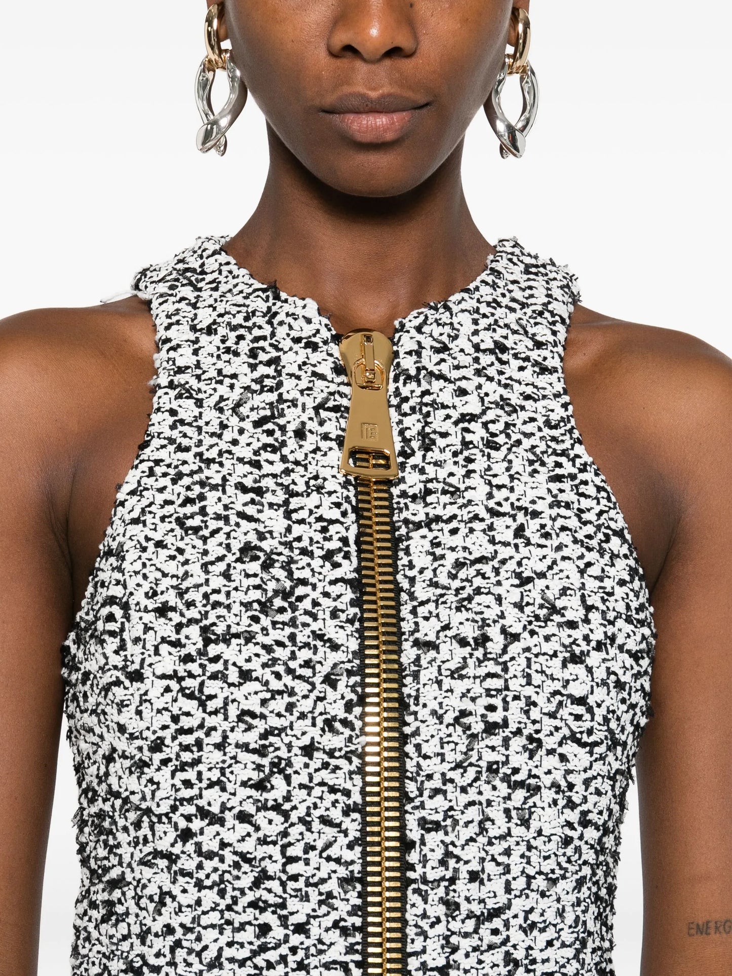 zip-front tweed mini dress