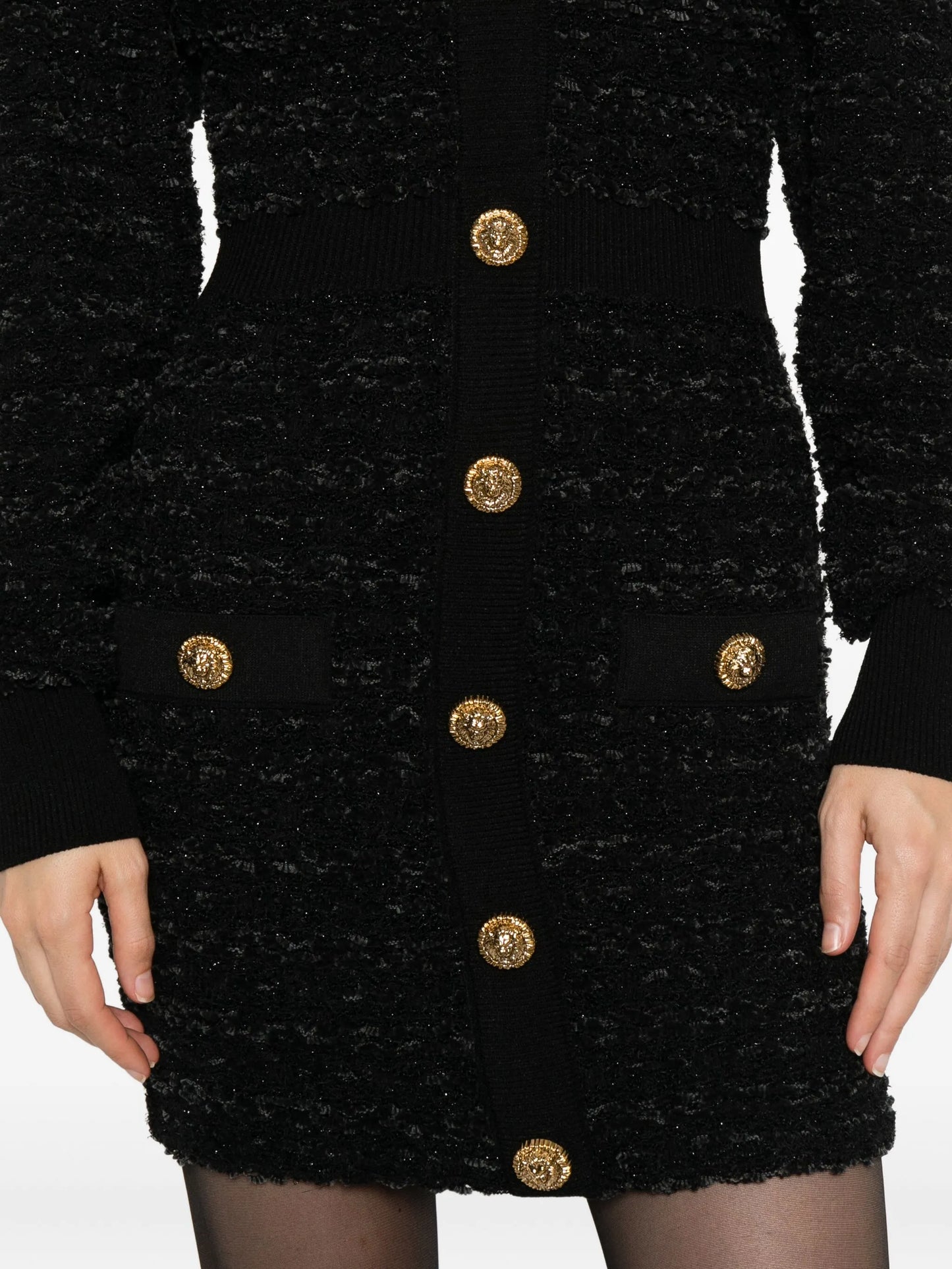 pockets button knit tweed dress