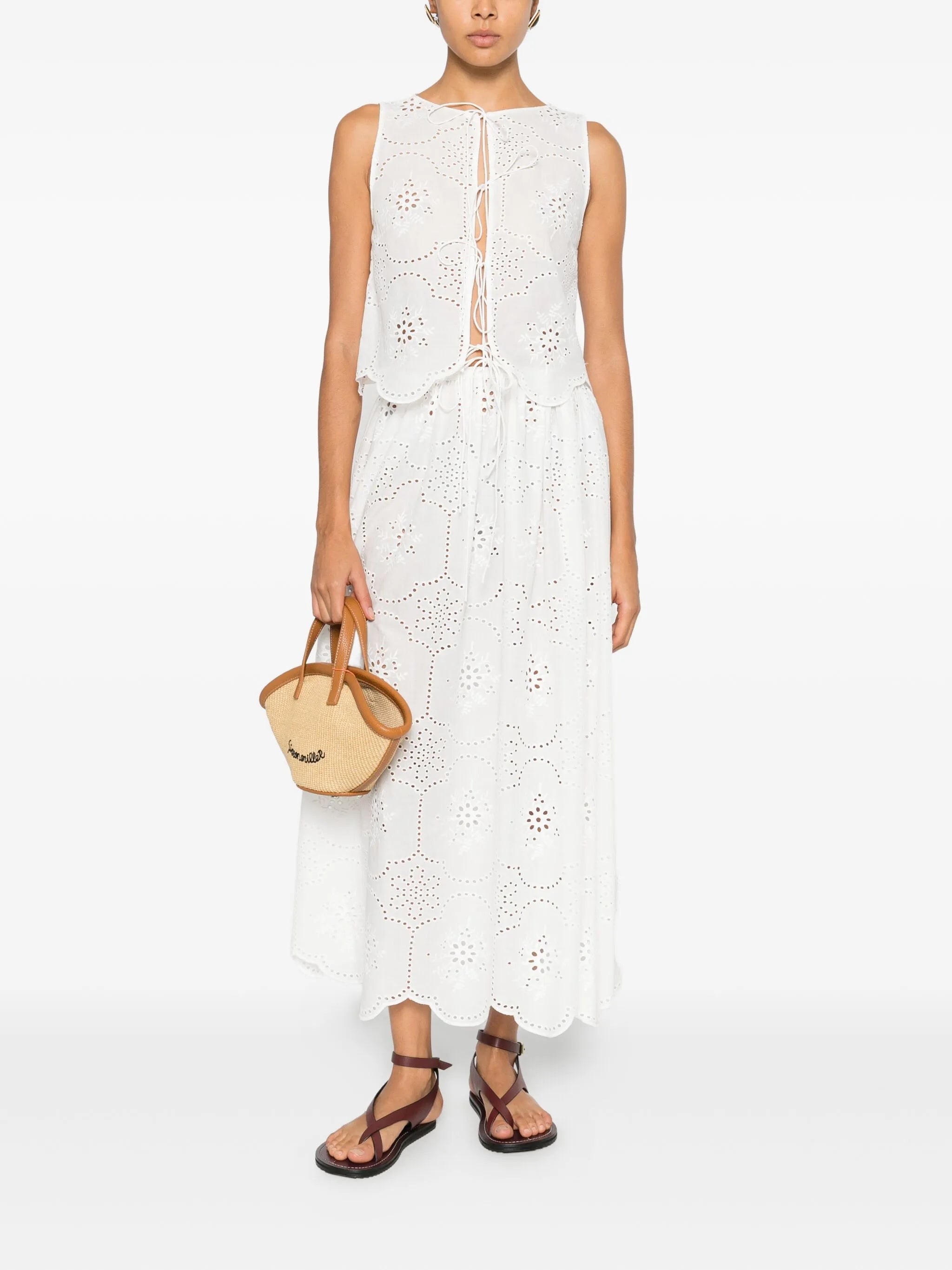 broderie-detail midi skirt