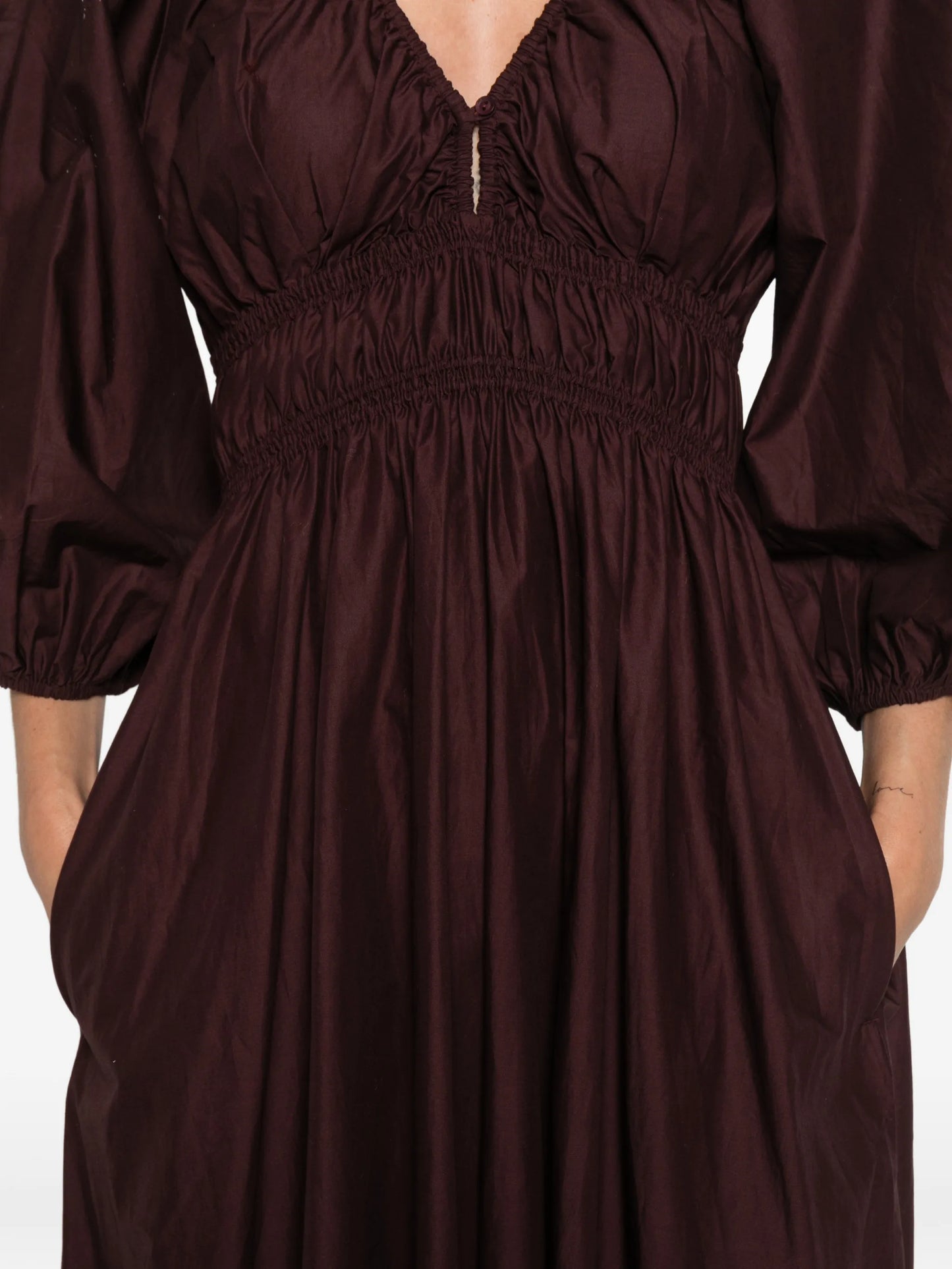 shirred plunge button midi dress
