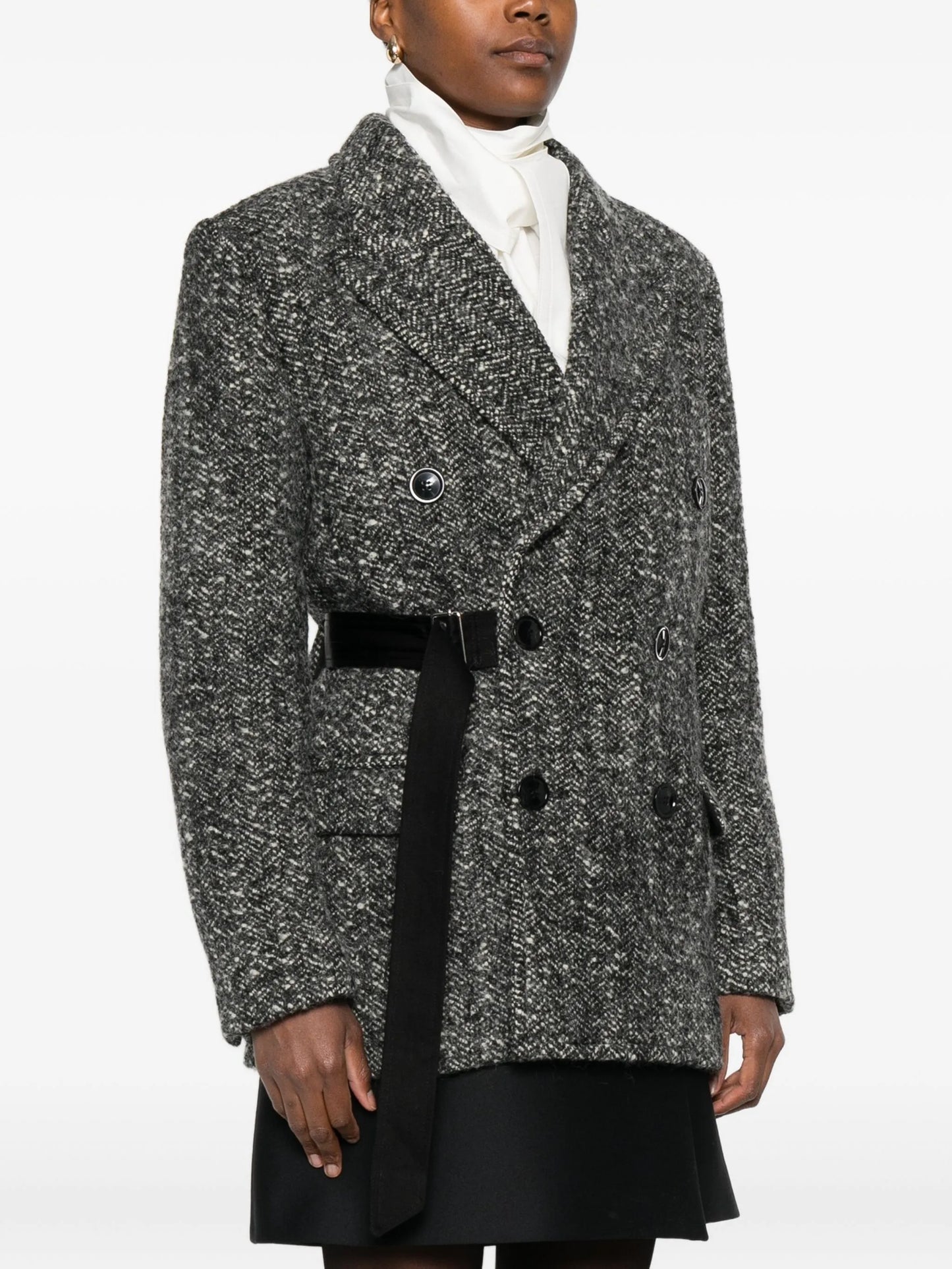 buckle-detail buttoned tweed jacket